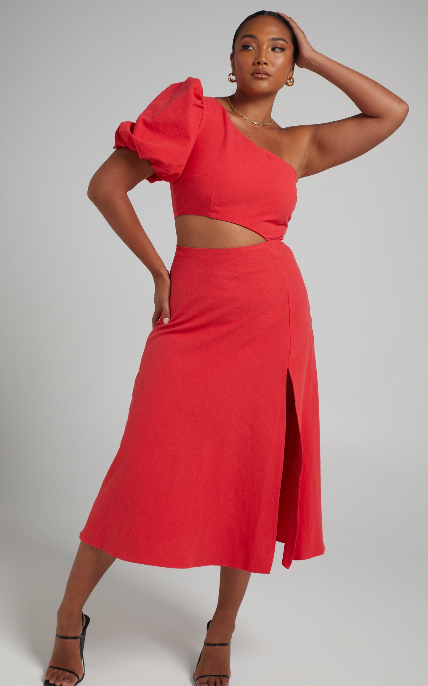 Marcia Midi Dress - One Shoulder Dress with Side Cut Out in Red