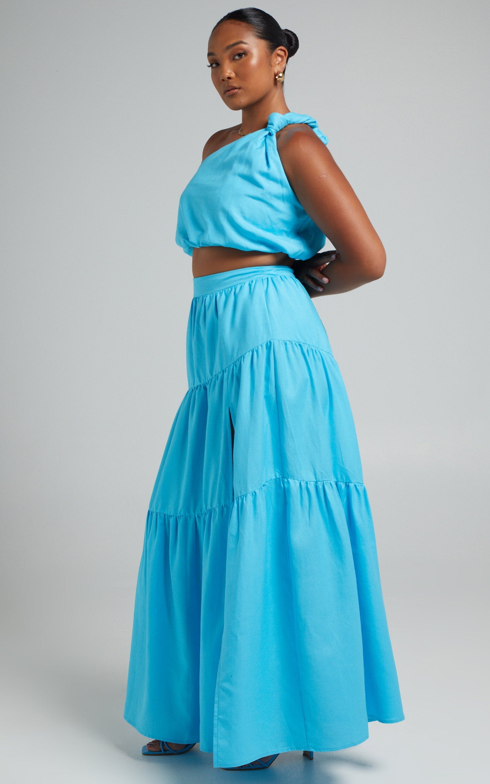 Aerilyn Two Piece Set - Linen One Shoulder Crop Top and Midi Skirt Set in Blue