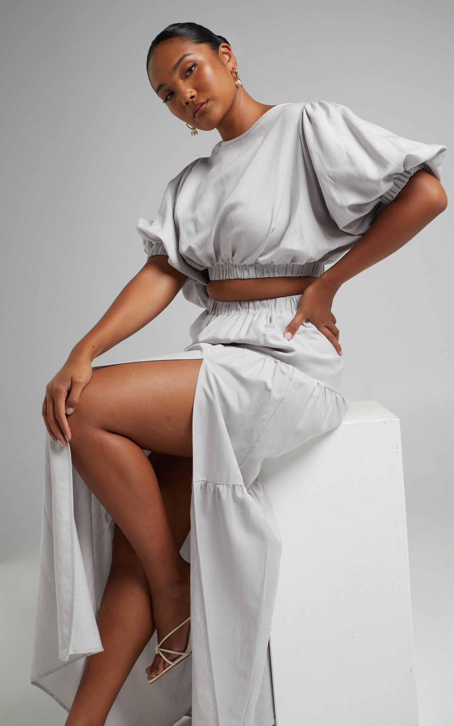 Astrid Two Piece Set - Linen Long Sleeve Top and Thigh Split Midi Skirt Set in Icy Grey