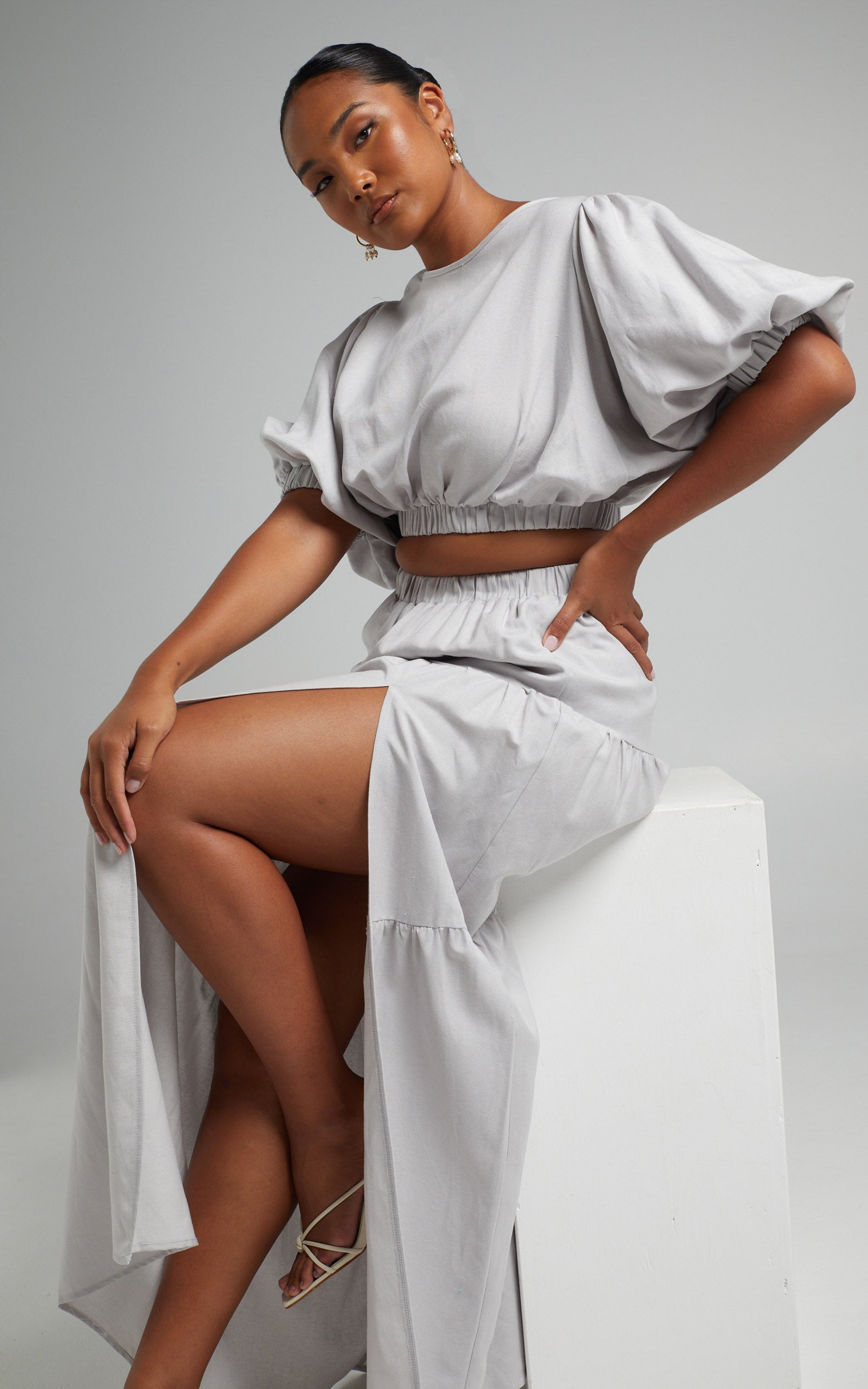Astrid Two Piece Set - Linen Long Sleeve Top and Thigh Split Midi Skirt Set in Icy Grey