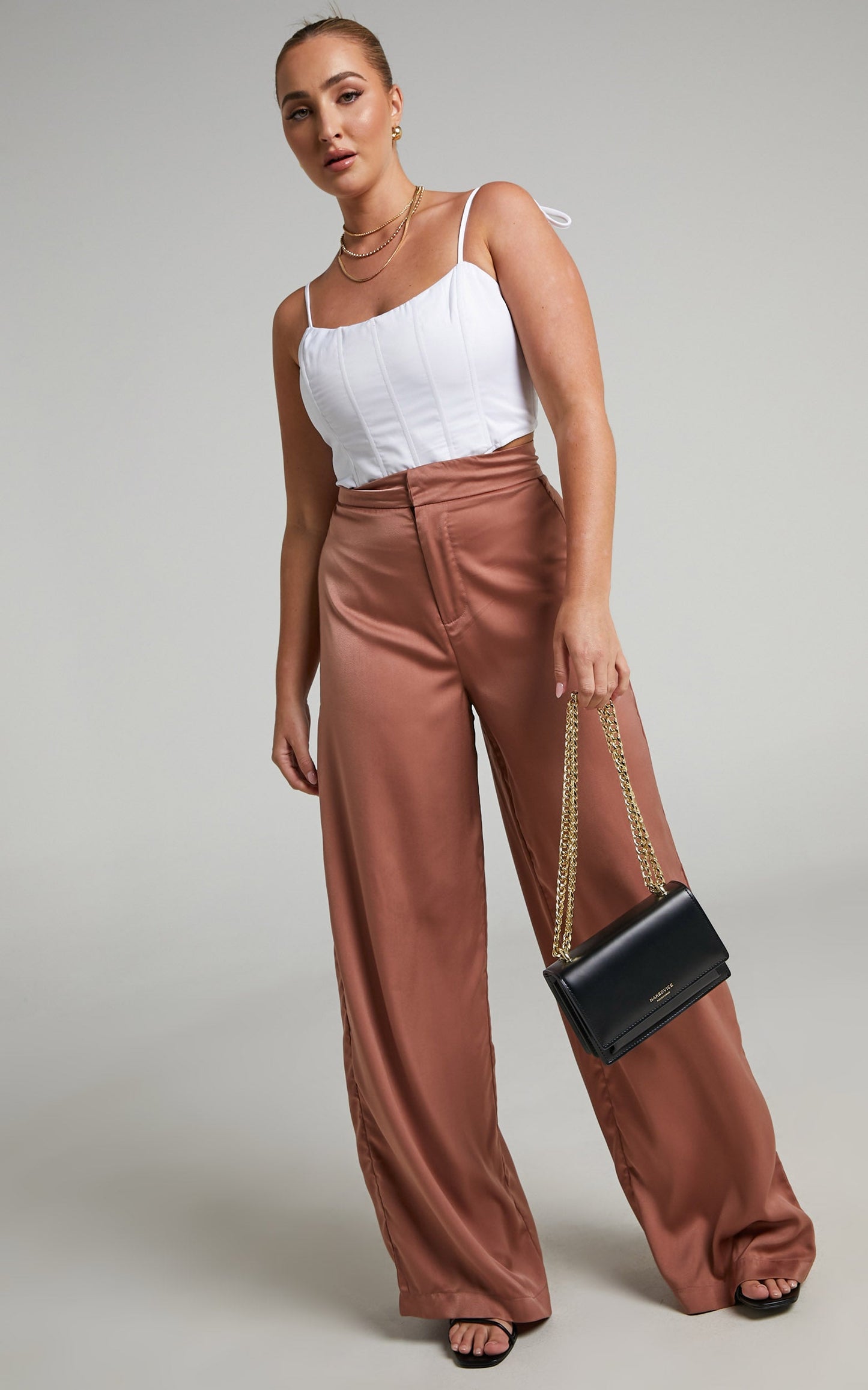 Reika High Waisted Satin Wide Leg Pants in Pink Clay