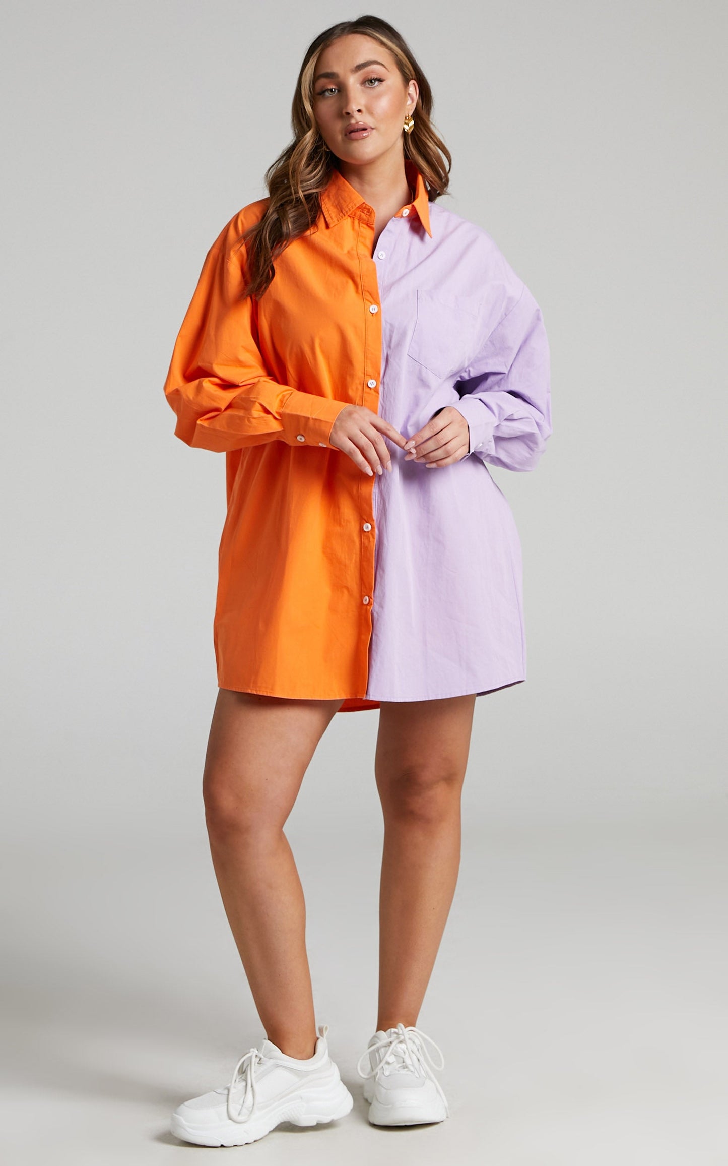 Roewe Shirt - Colour Block Oversized Button Up Shirt in Orange & Lilac