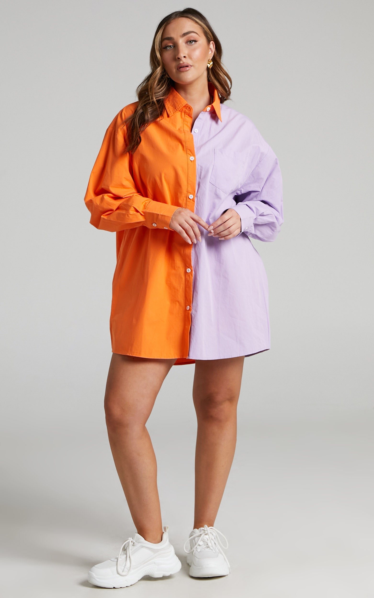 Roewe Shirt - Colour Block Oversized Button Up Shirt in Orange & Lilac
