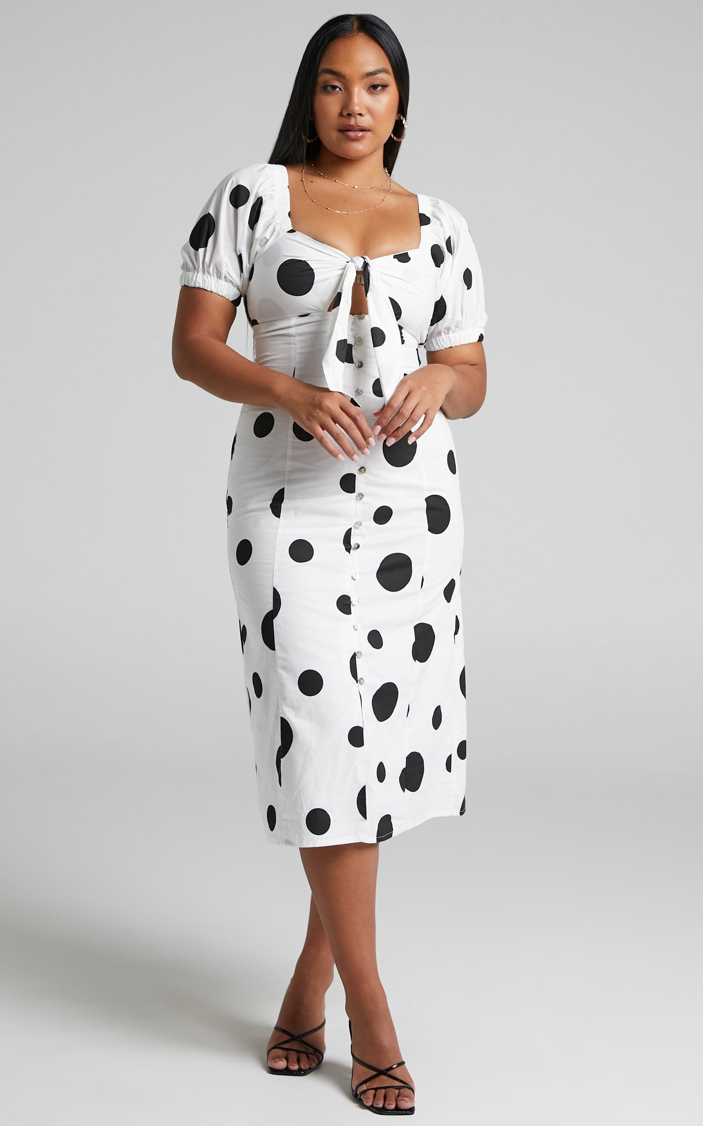 Roybeth Midi Dress - Linen Look Tie Bust Button Front Puff Sleeve Midi Dress in Black Spot