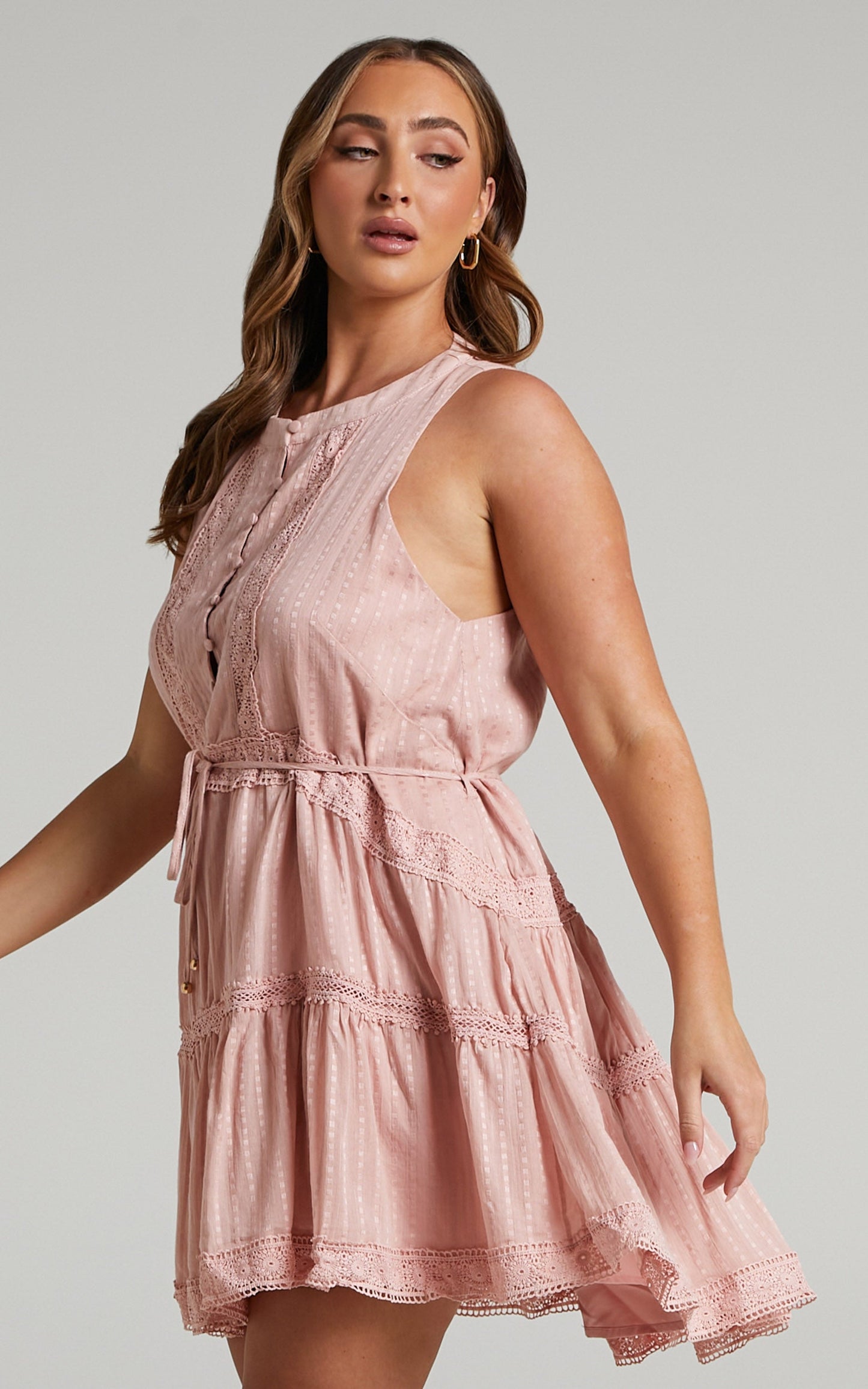 Scotty Mini Dress - Button Up Broderie Dress in Dusty Pink
