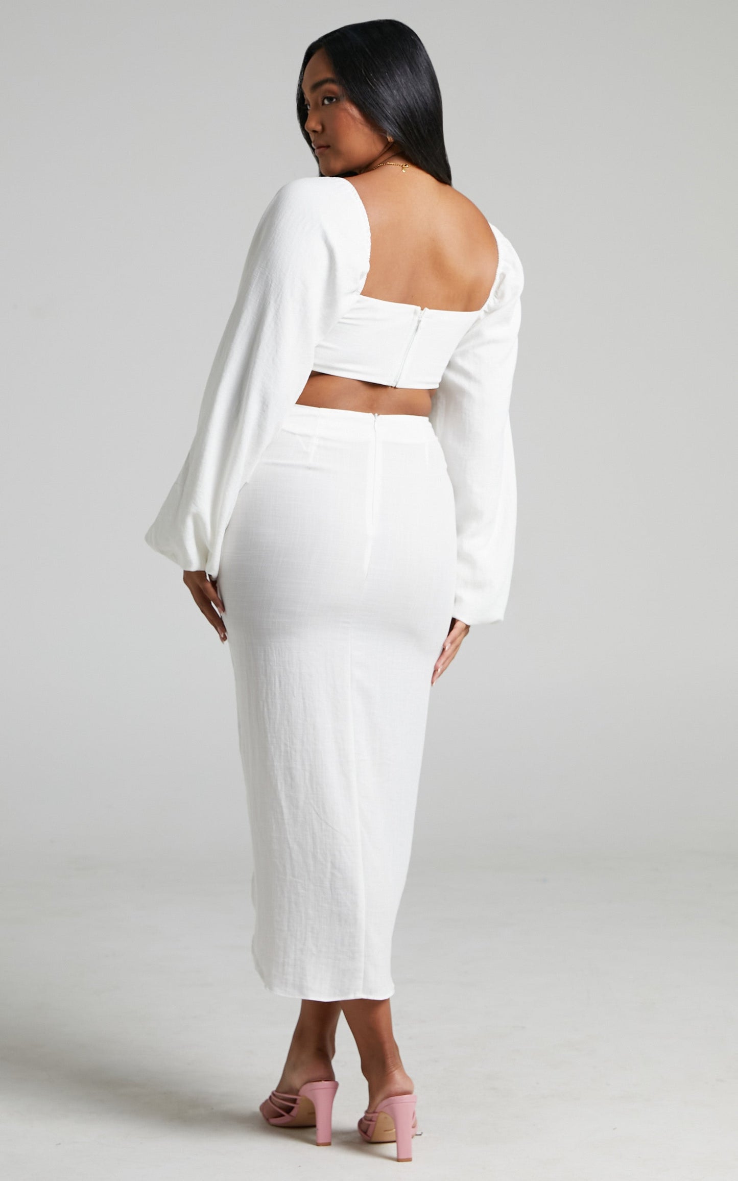 Shamir Two Piece Set - Balloon Sleeve Crop Top and Ruched Split Midi Skirt Set in White