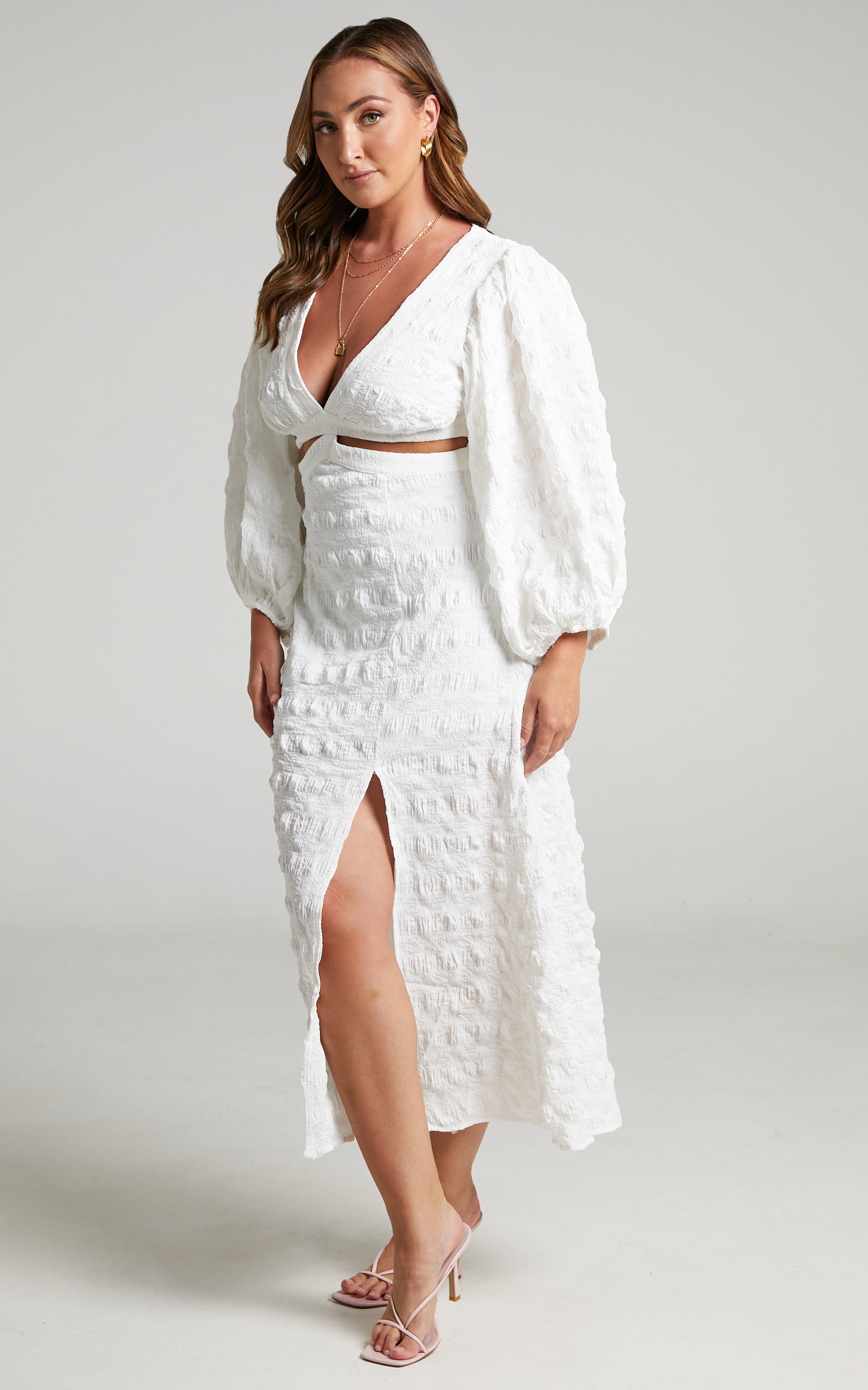 Tabatha Midi Dress - Puff Sleeve Cut Out Dress in White Check