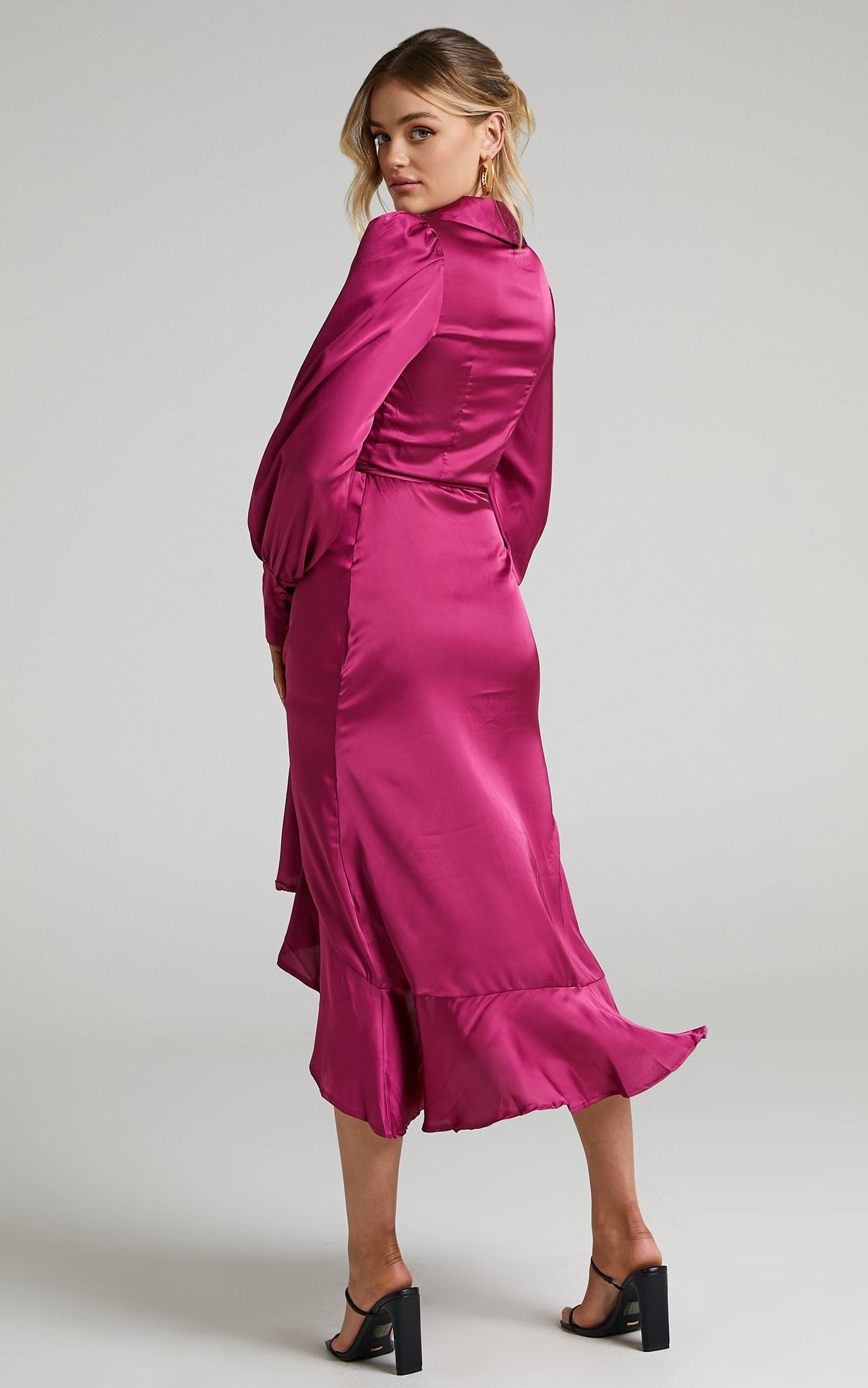 Rada Midi Dress - Long Sleeve Frill Wrap Dress in Berry