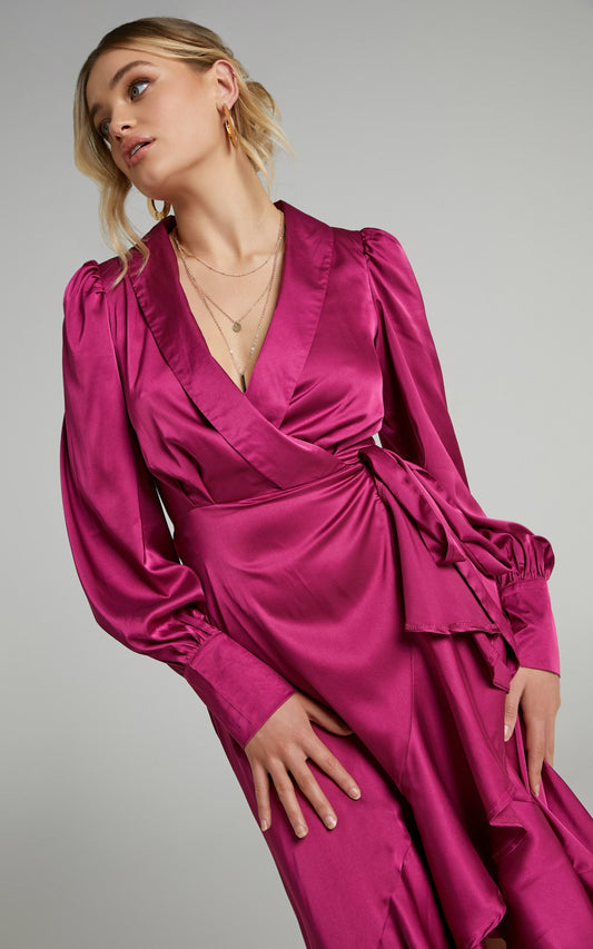 Rada Midi Dress - Long Sleeve Frill Wrap Dress in Berry