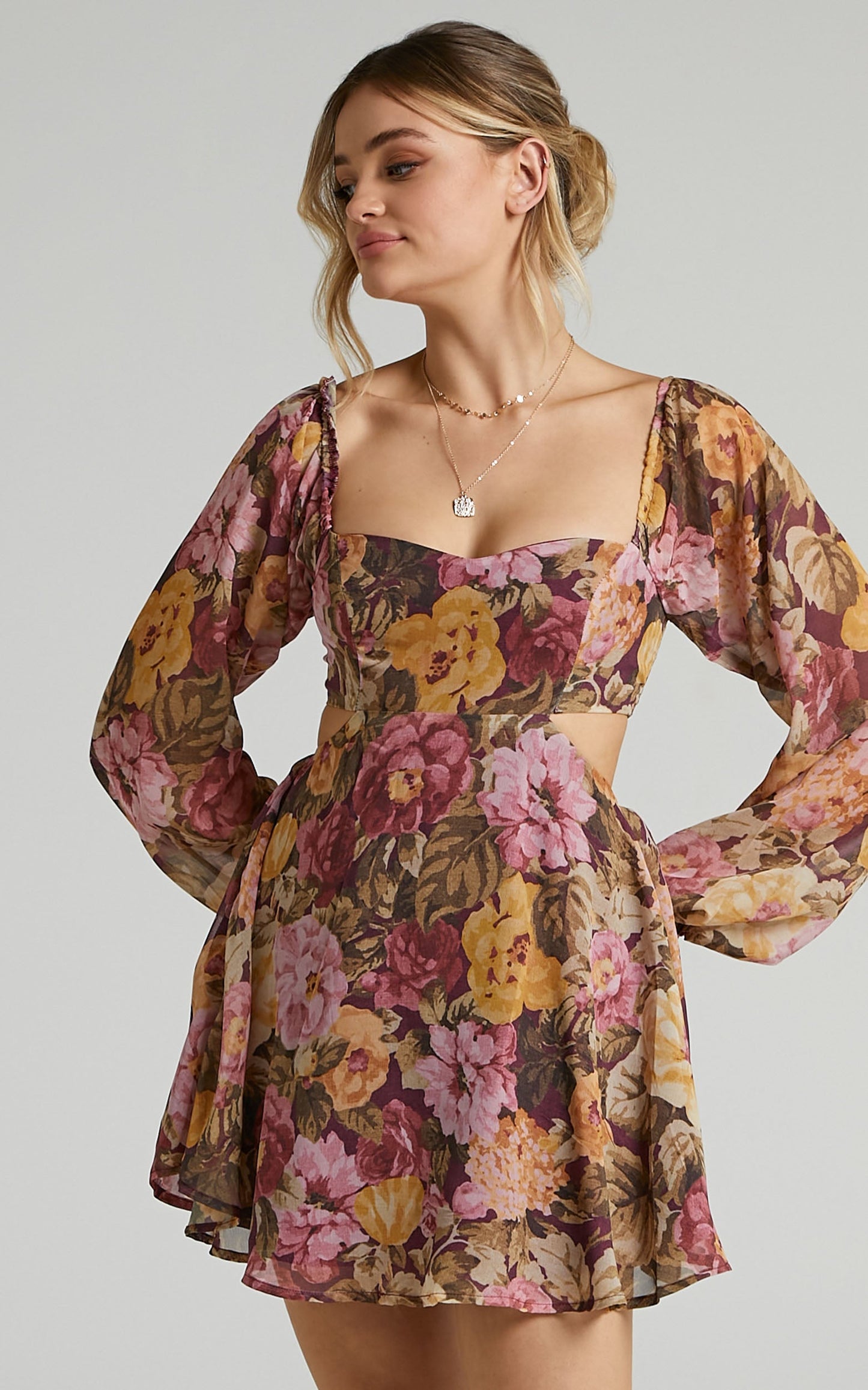 Ebonee Mini Dress - Puff Sleeve Cut Out Dress in Classic Floral