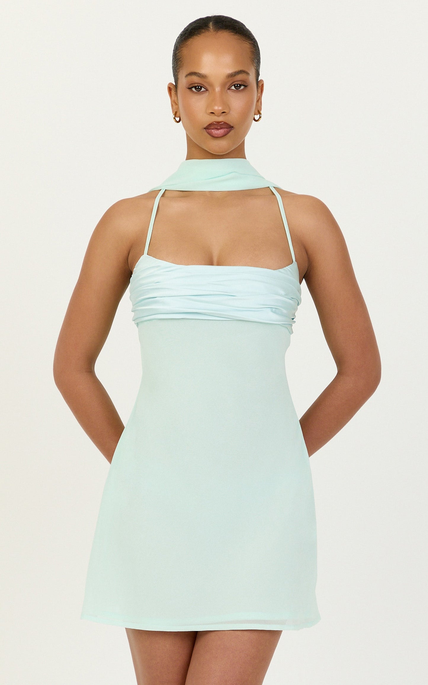 Arin Mini Dress - Satin Contrast Dress With Draped Neck Scarf in Mint