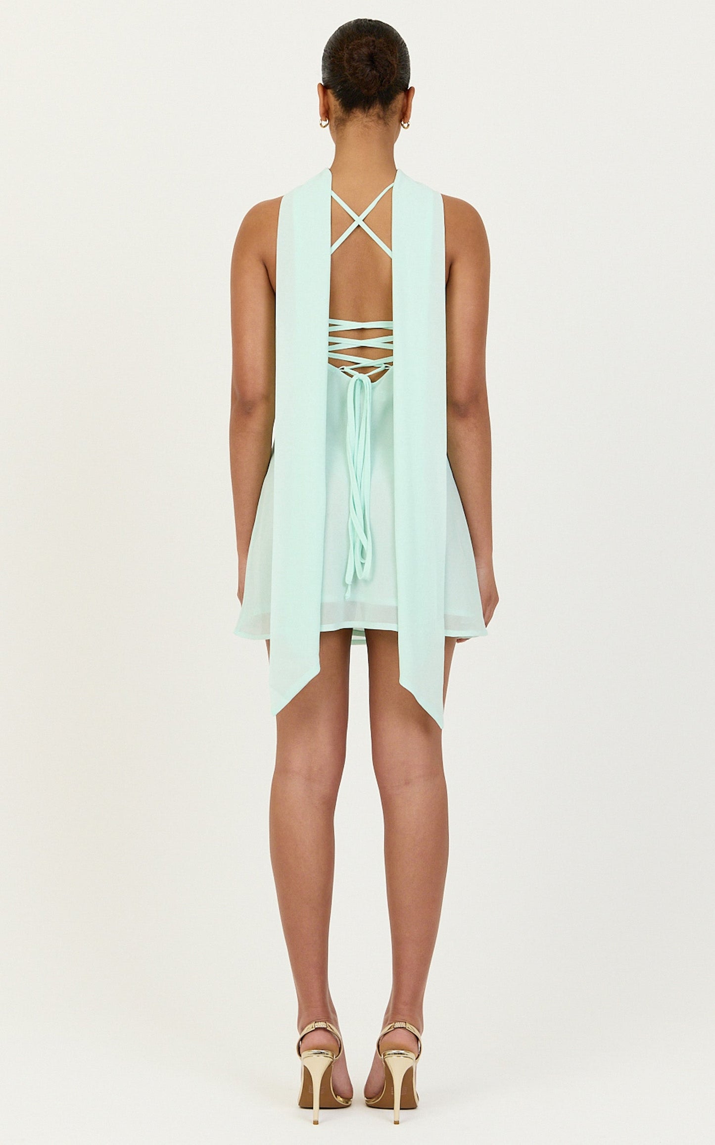 Arin Mini Dress - Satin Contrast Dress With Draped Neck Scarf in Mint