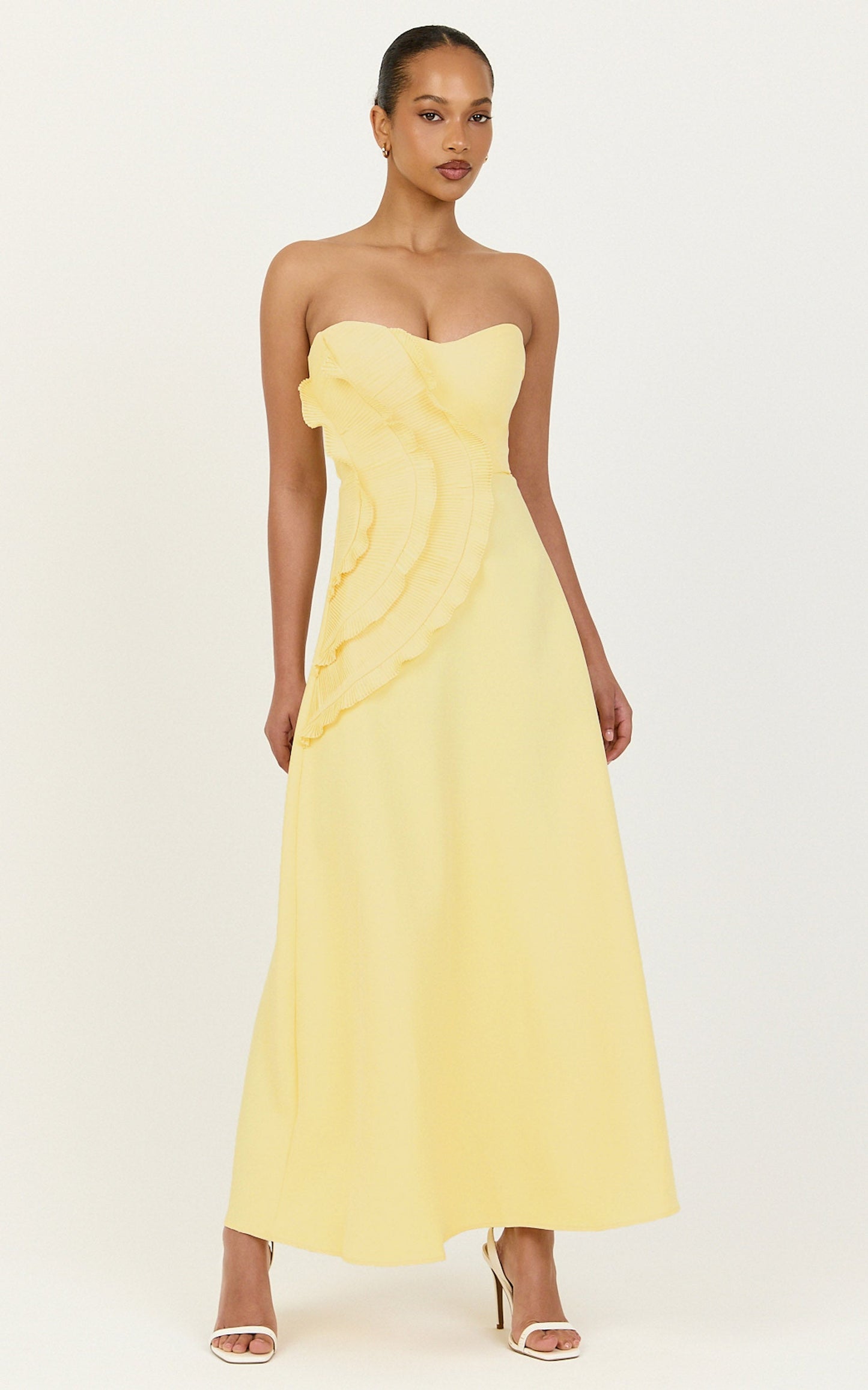 Dahlia Midi Dress - Strapless Side Frill Pleated A Line Dress in Lemon