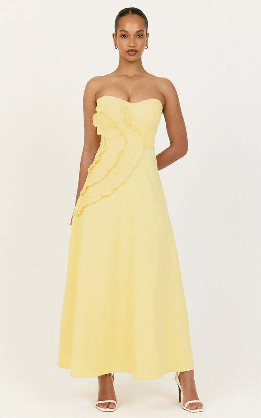 Dahlia Midi Dress - Strapless Side Frill Pleated A Line Dress in Lemon