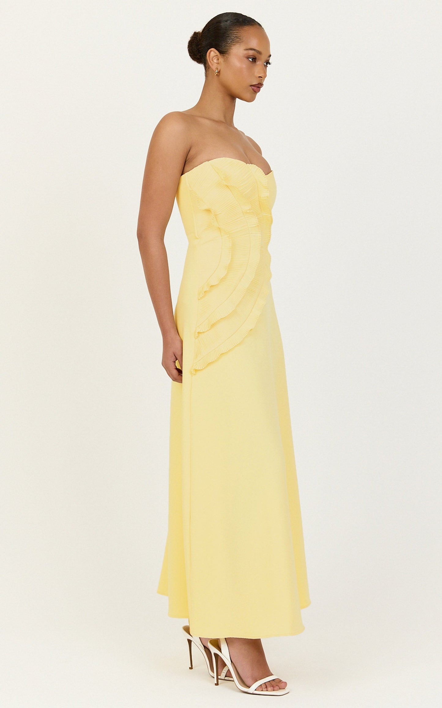 Dahlia Midi Dress - Strapless Side Frill Pleated A Line Dress in Lemon