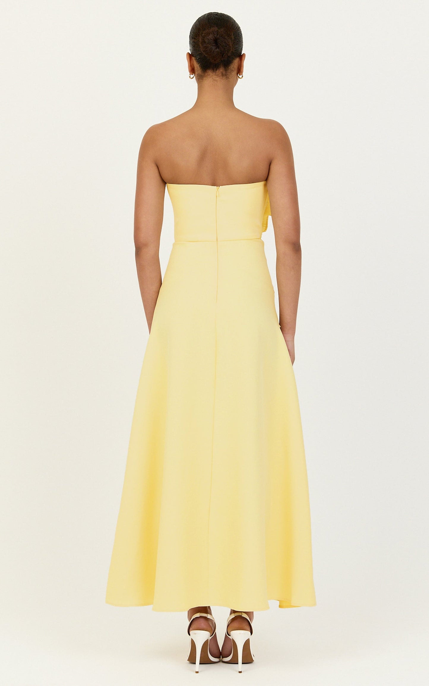 Dahlia Midi Dress - Strapless Side Frill Pleated A Line Dress in Lemon