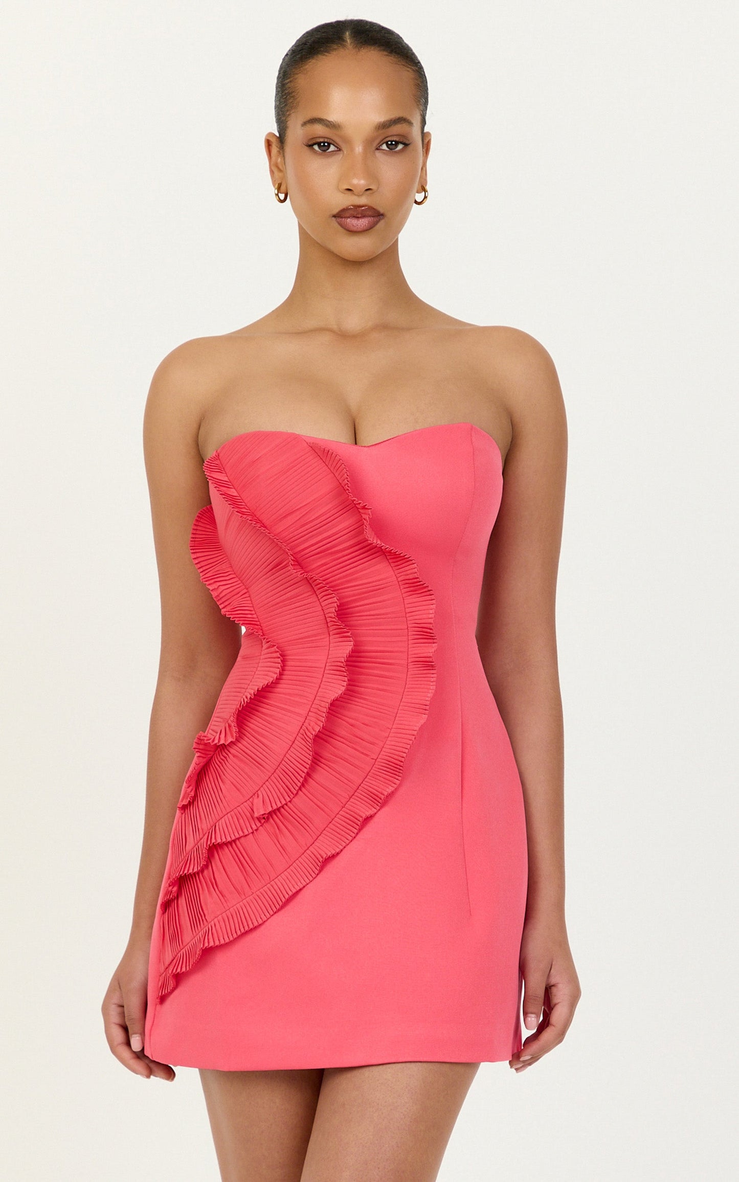 Dahlia Mini Dress - Strapless Side Frill Pleated A Line Dress in Pink