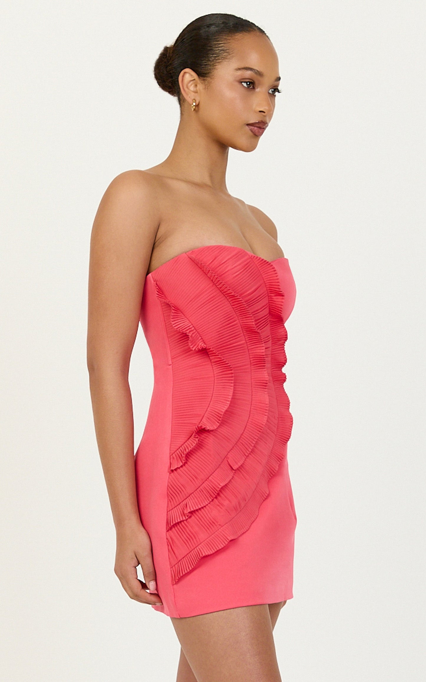 Dahlia Mini Dress - Strapless Side Frill Pleated A Line Dress in Pink