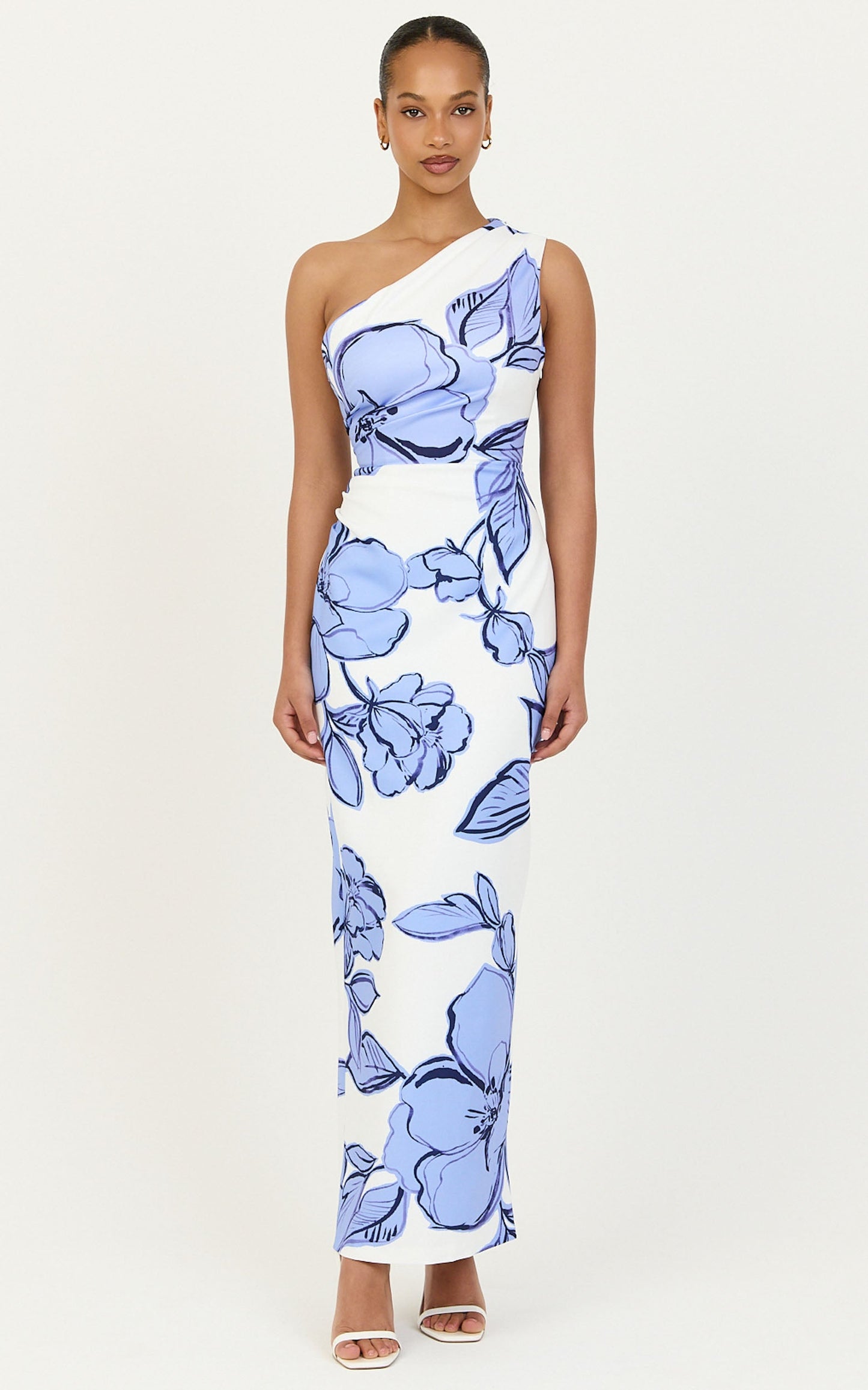 Elke Midi Dress - One Shoulder Fitted Dress in Blue Bouquet Di Fiori Print