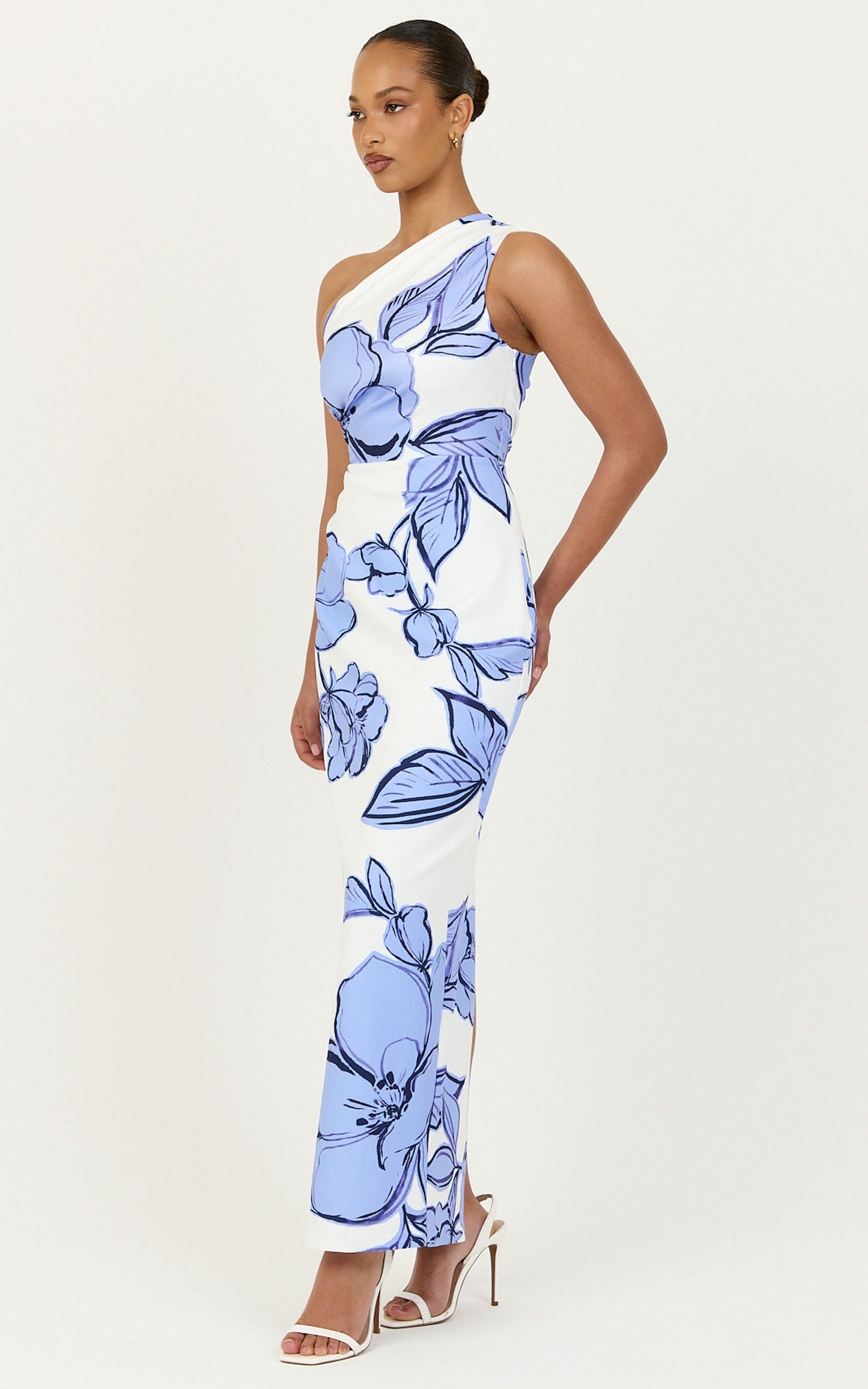 Elke Midi Dress - One Shoulder Fitted Dress in Blue Bouquet Di Fiori Print