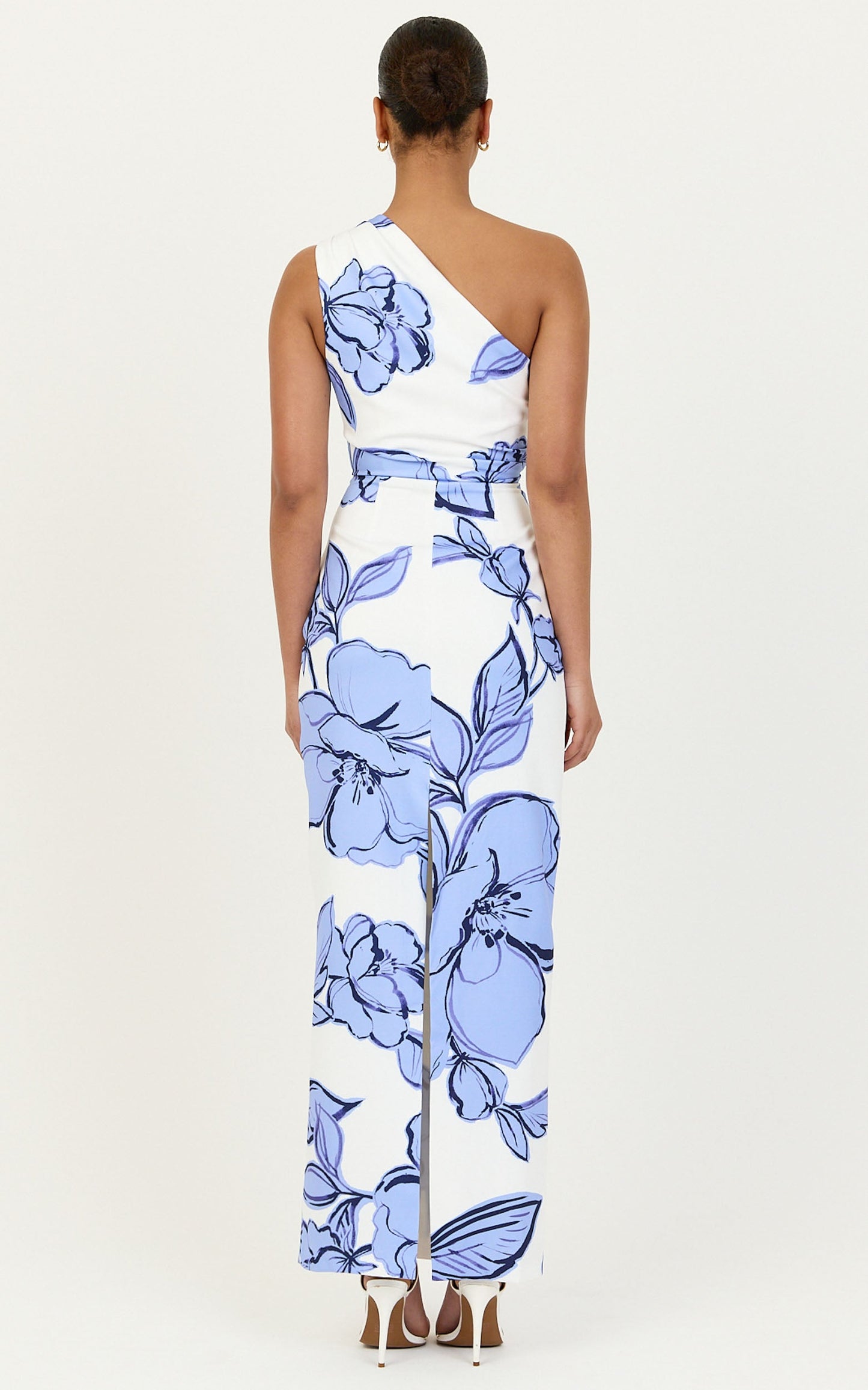 Elke Midi Dress - One Shoulder Fitted Dress in Blue Bouquet Di Fiori Print