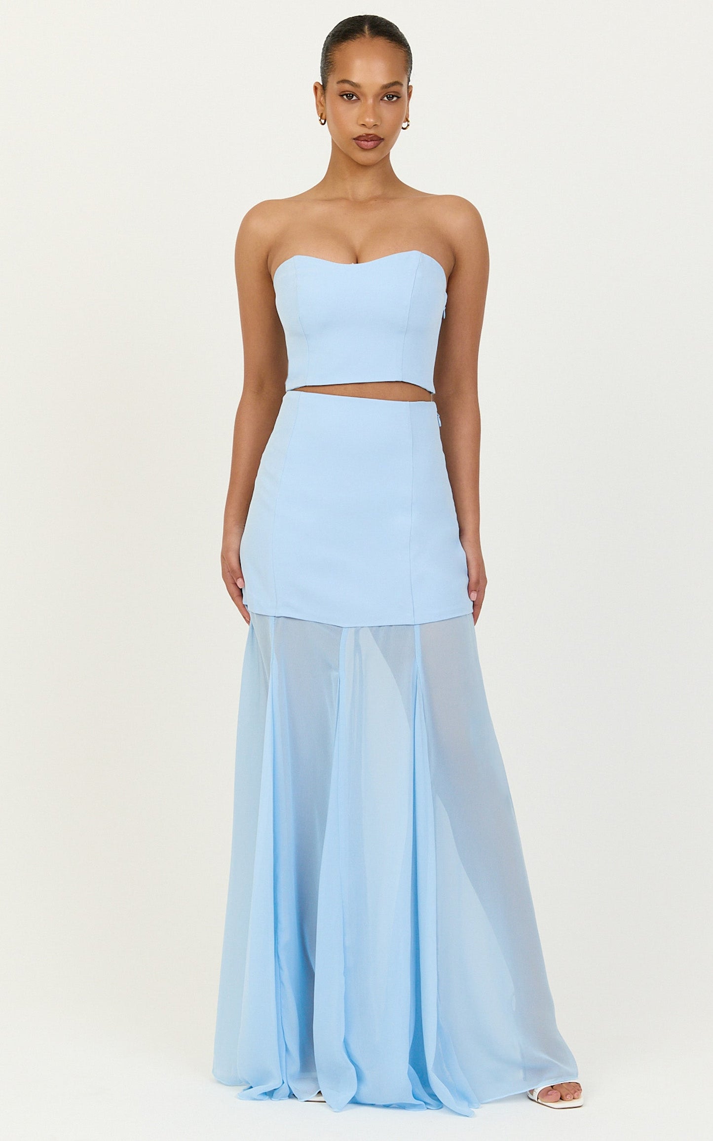Elara Two Piece Top and Skirt Set - Strapless Shirred Back Top And Contrast Sheer Godet Skirt Set in Blue