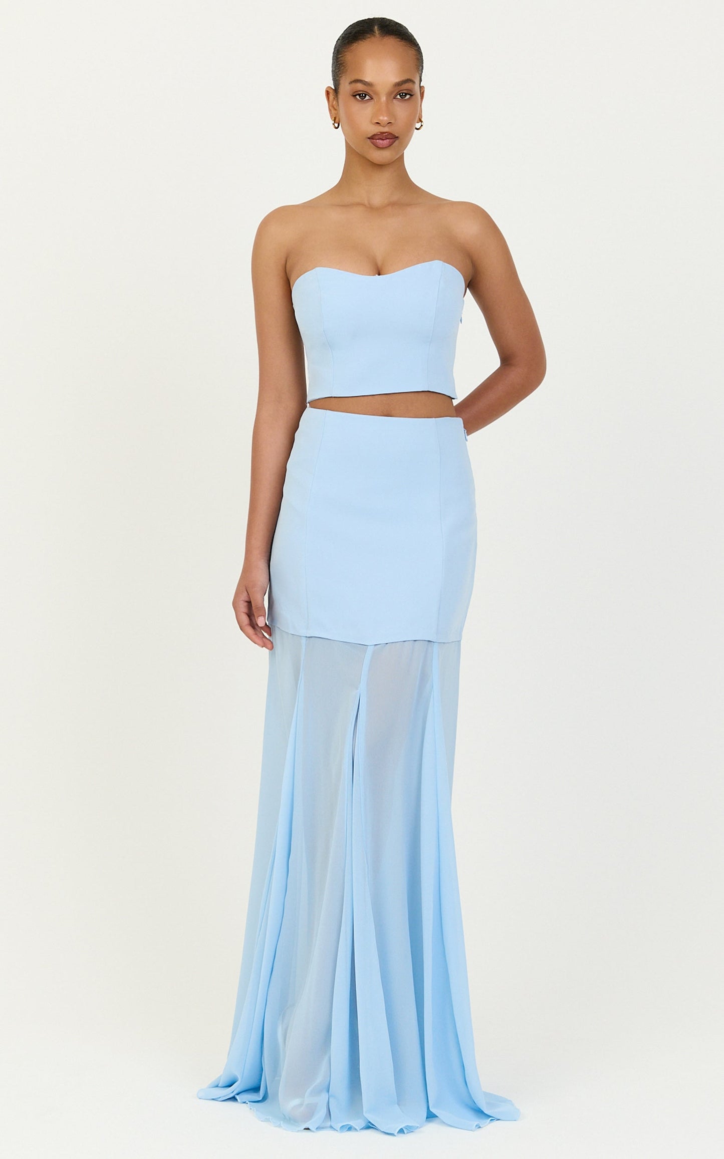 Elara Two Piece Top and Skirt Set - Strapless Shirred Back Top And Contrast Sheer Godet Skirt Set in Blue