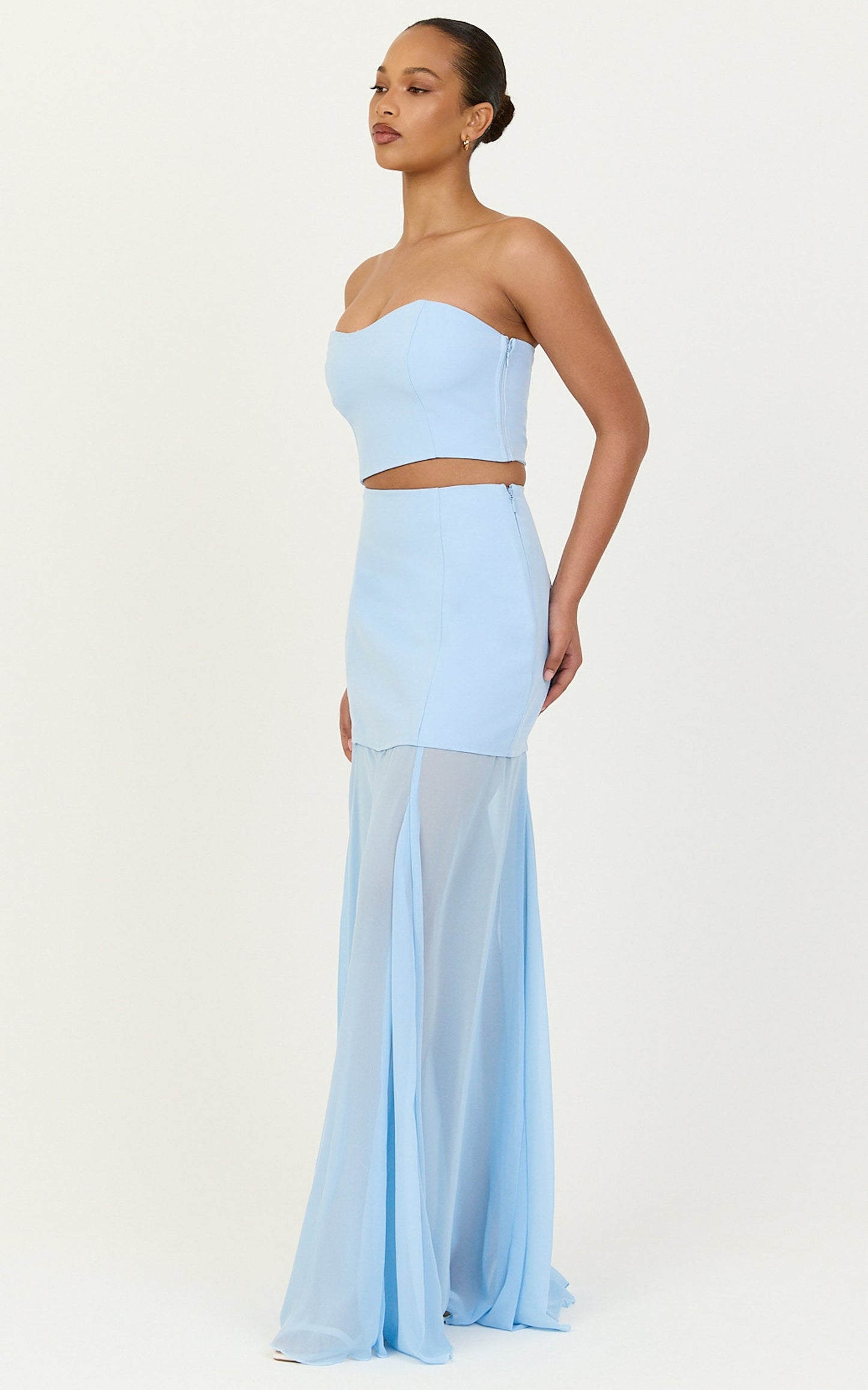 Elara Two Piece Top and Skirt Set - Strapless Shirred Back Top And Contrast Sheer Godet Skirt Set in Blue