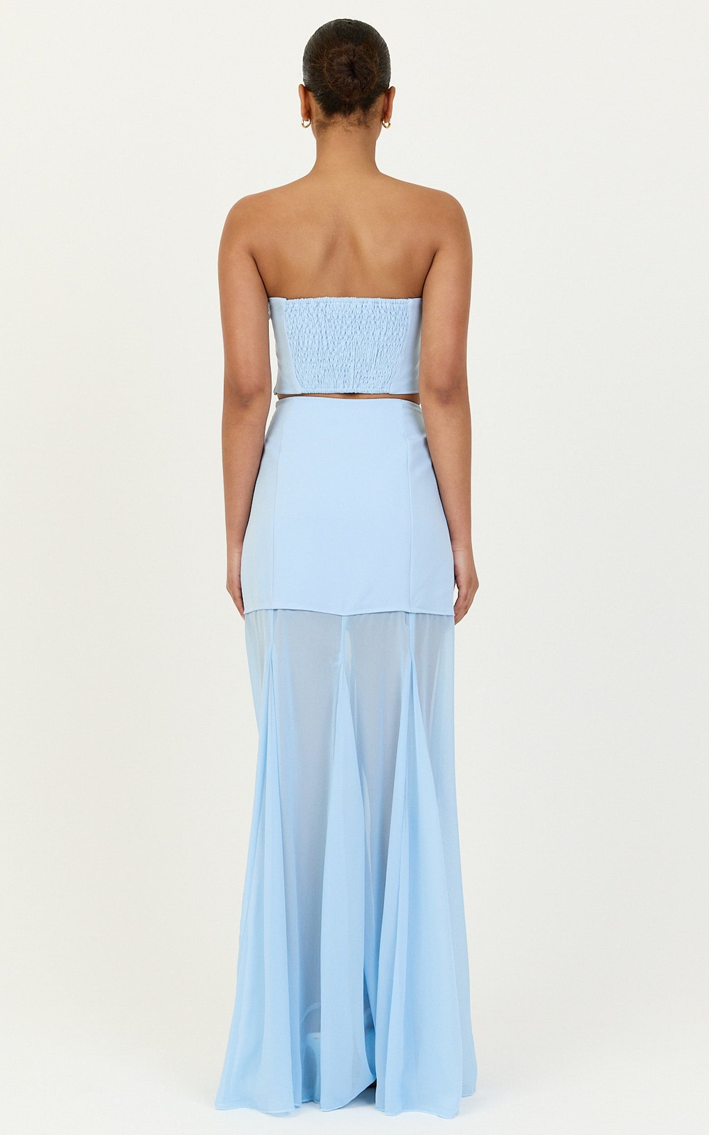 Elara Two Piece Top and Skirt Set - Strapless Shirred Back Top And Contrast Sheer Godet Skirt Set in Blue