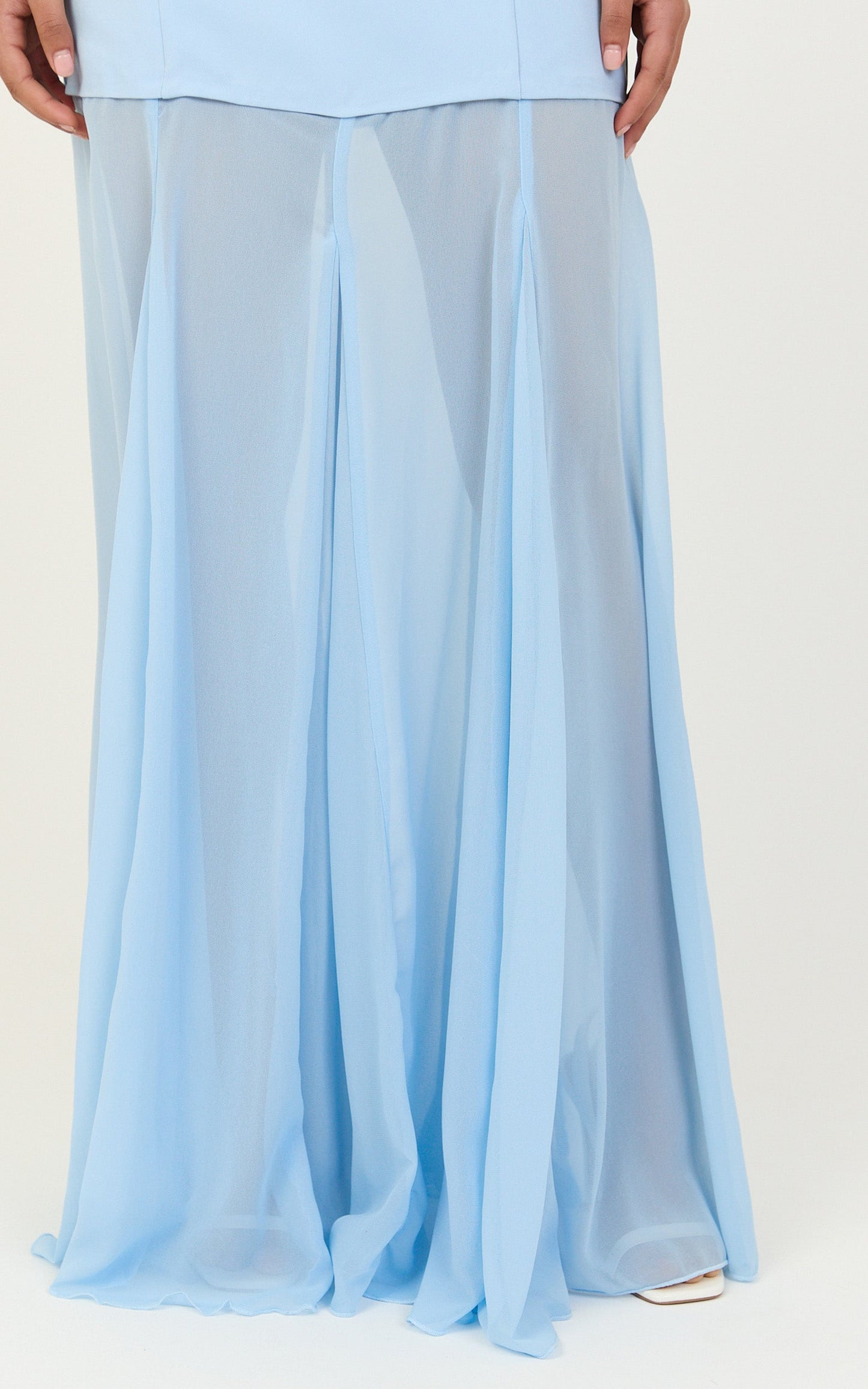 Elara Two Piece Top and Skirt Set - Strapless Shirred Back Top And Contrast Sheer Godet Skirt Set in Blue