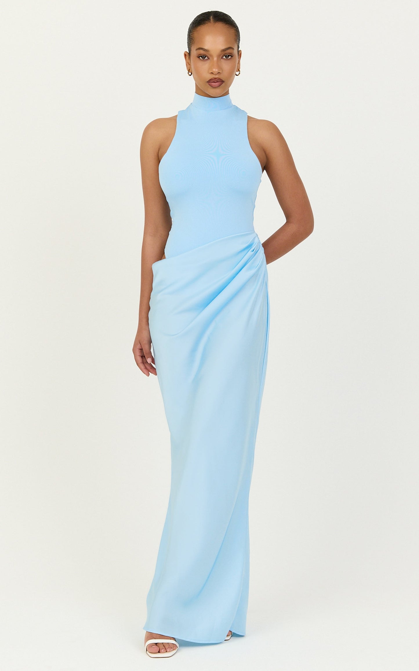 Elodie Maxi Dress - High Neck Draped Overlay Dress in Light Blue
