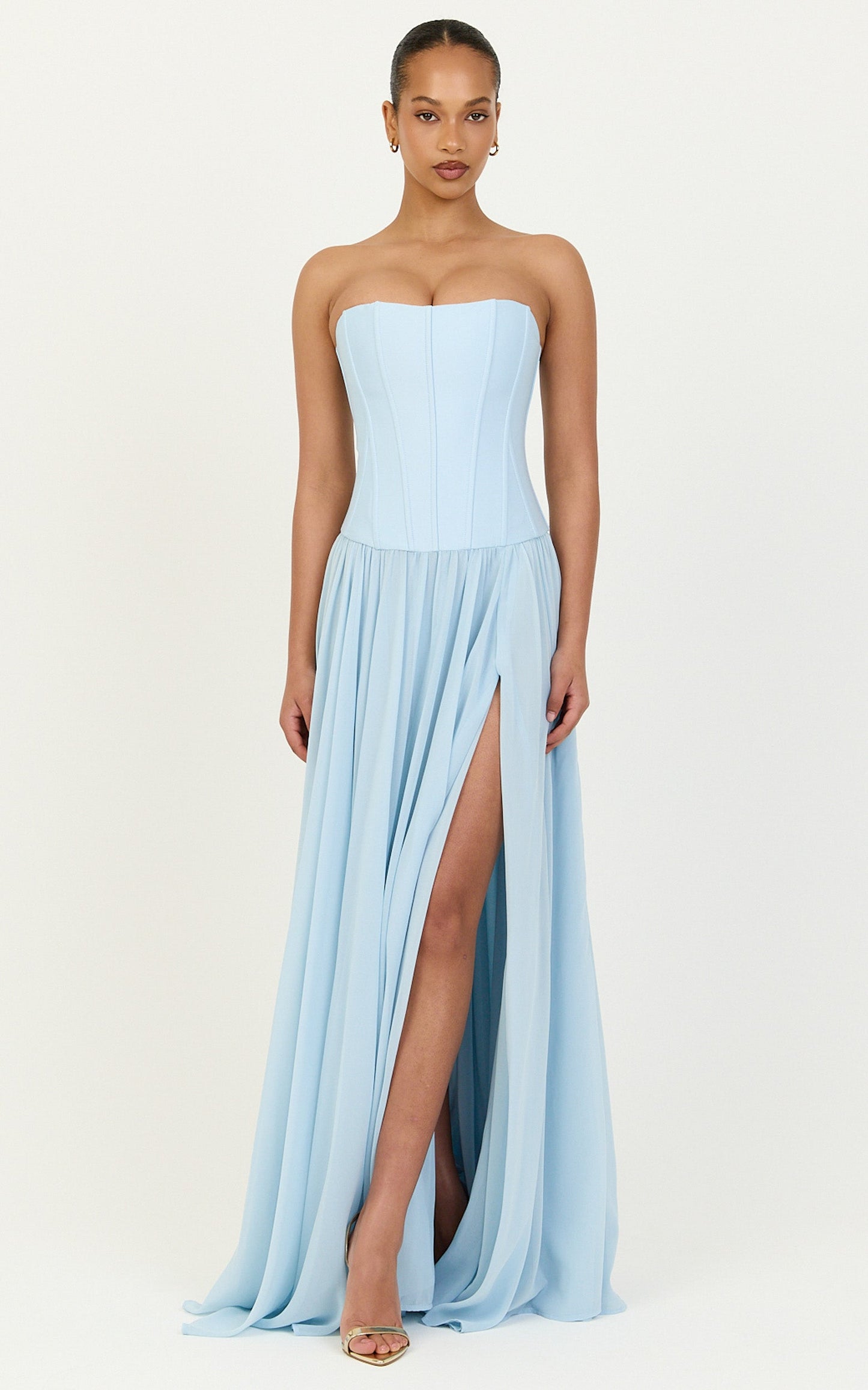 Eugene Maxi Dress - Contrast Strapless Fit And Flare High Split Dress in Blue