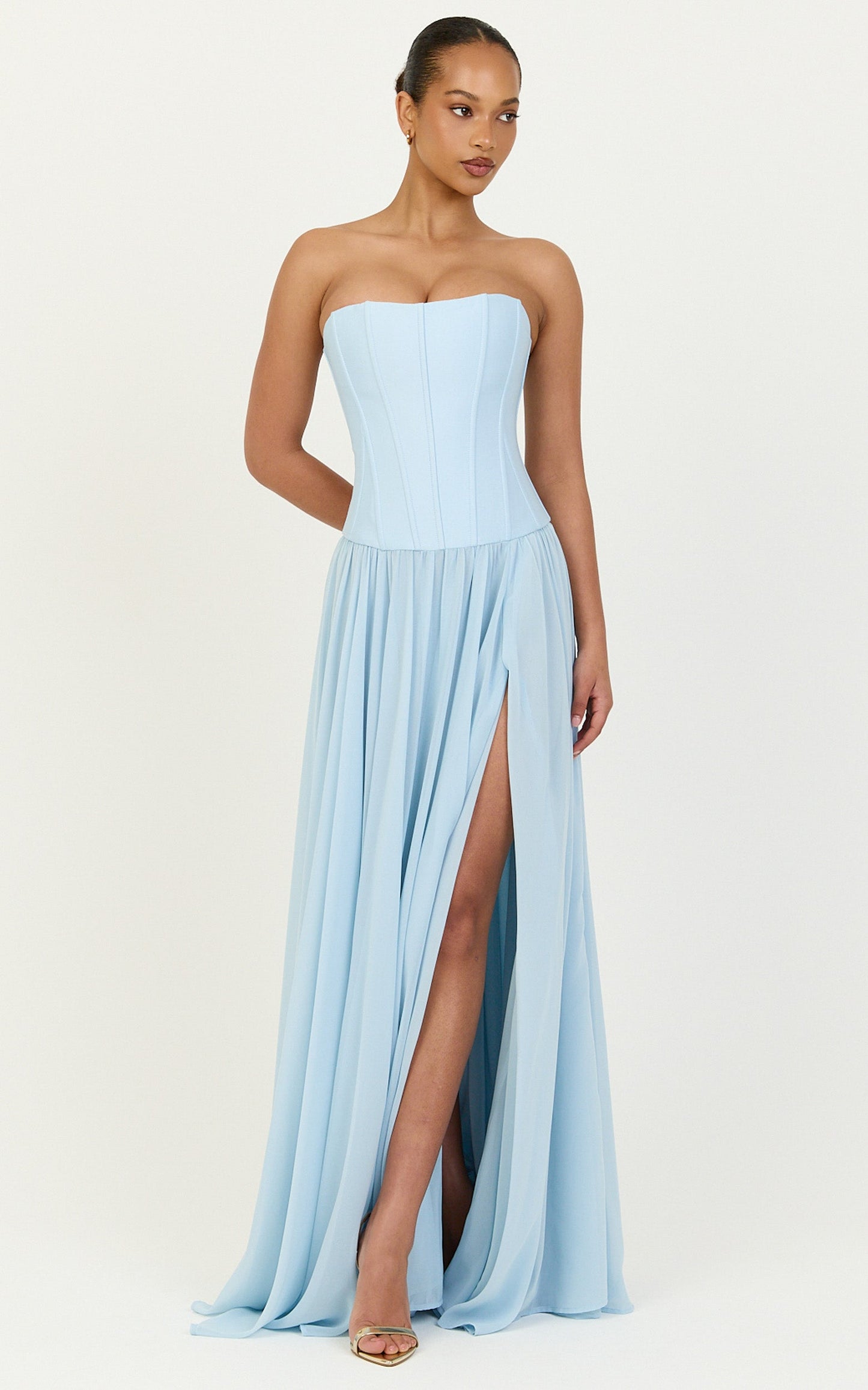 Eugene Maxi Dress - Contrast Strapless Fit And Flare High Split Dress in Blue