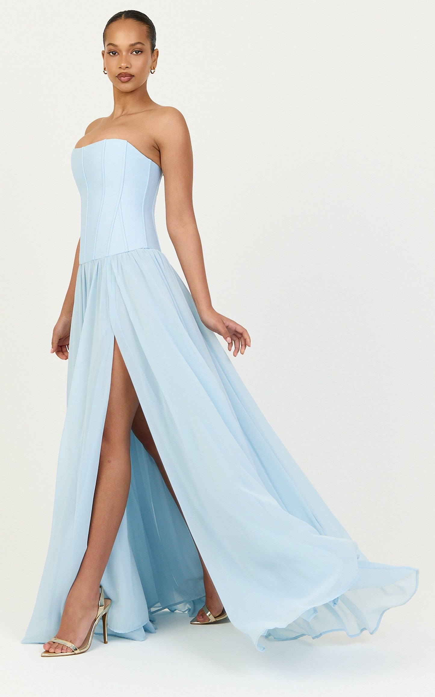 Eugene Maxi Dress - Contrast Strapless Fit And Flare High Split Dress in Blue