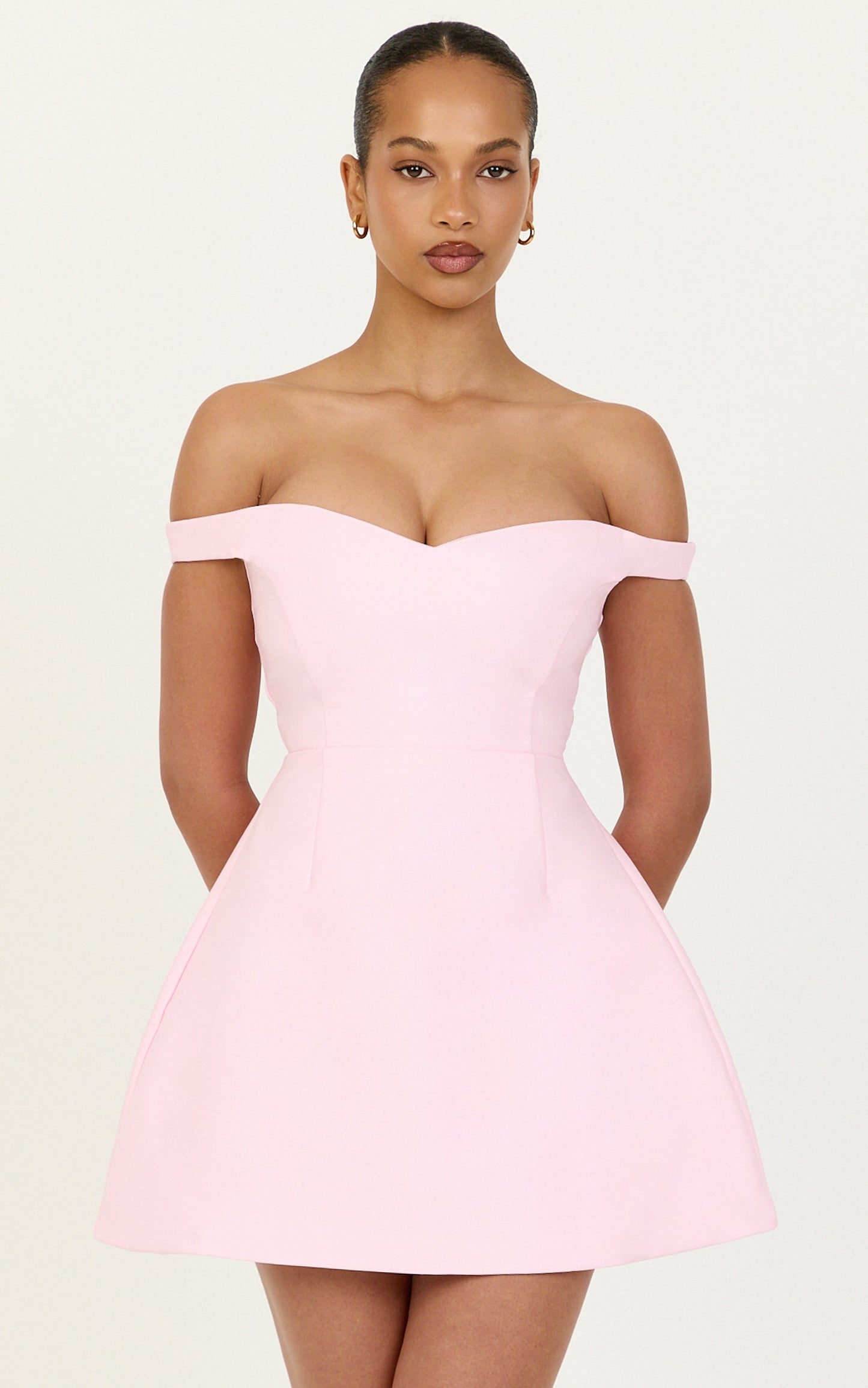 Holly Mini Dress - Off The Shoulder Sweetheart Neck Tulip Skirt Dress in Pink