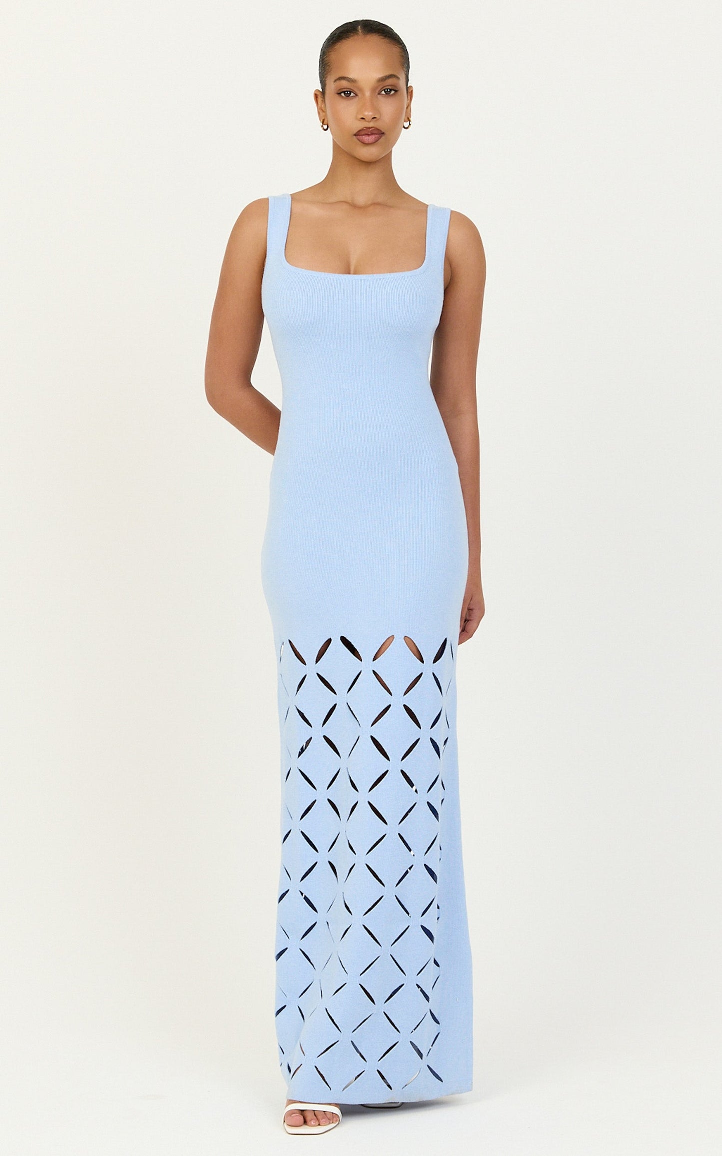 Sabrina Maxi Dress - Scoop Neck Laser Cut Dress in Blue