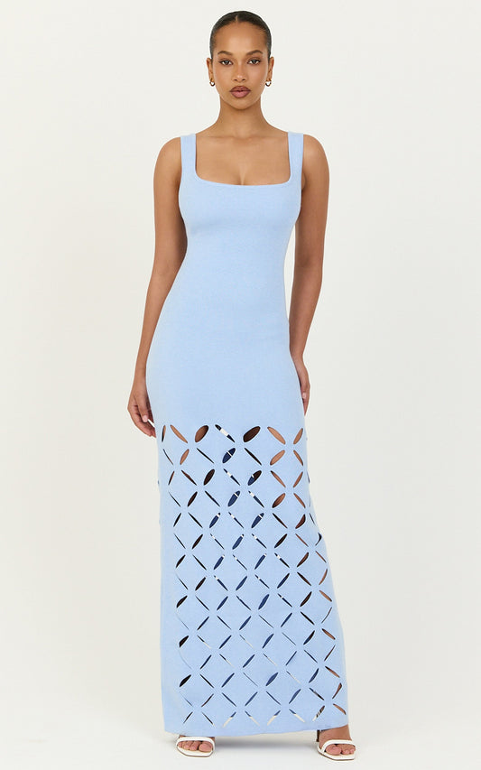 Sabrina Maxi Dress - Scoop Neck Laser Cut Dress in Blue