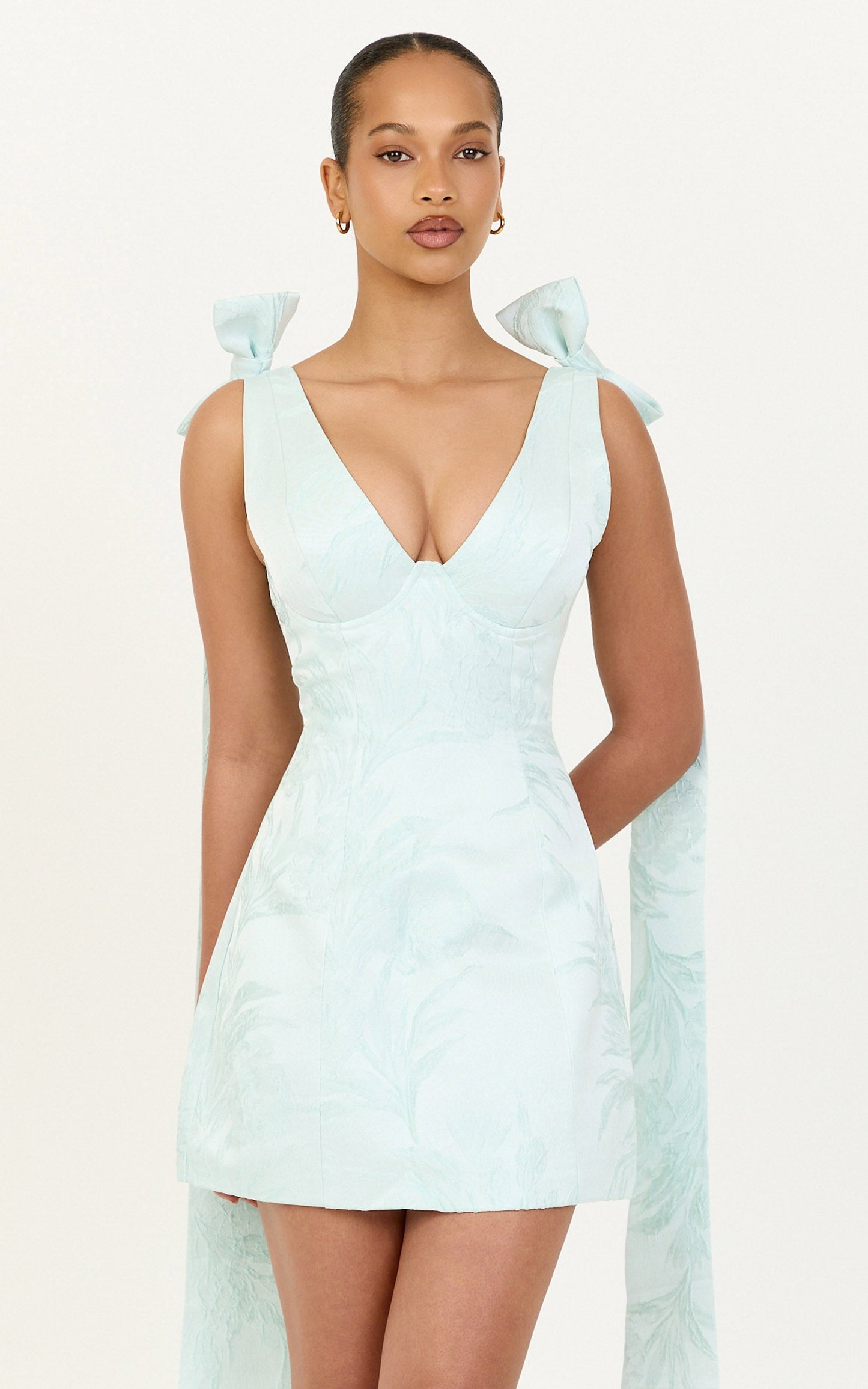 Serafina Mini Dress - Detachable Bow And Sash Fitted Dress in Mint