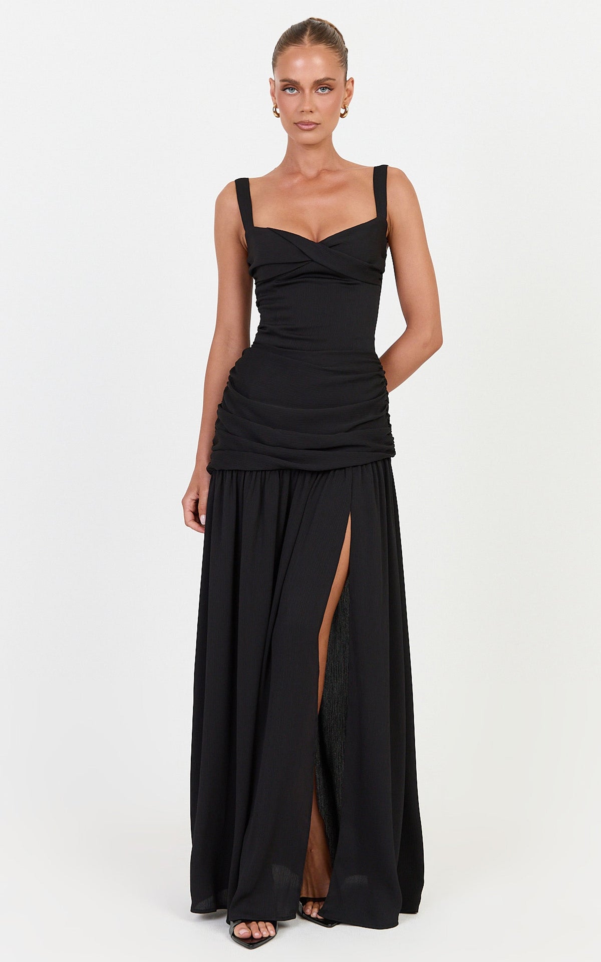 Freya Maxi Dress - Twist Bust Detail Drop Waist Dress in Black
