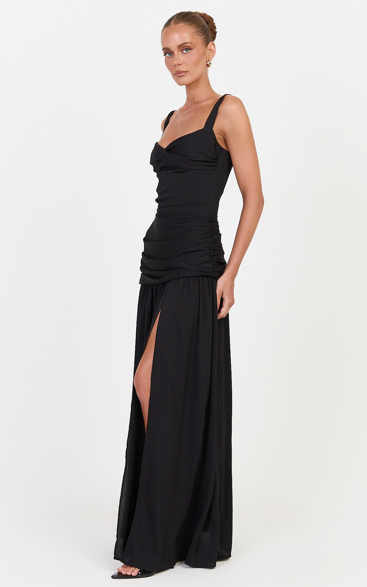 Freya Maxi Dress - Twist Bust Detail Drop Waist Dress in Black