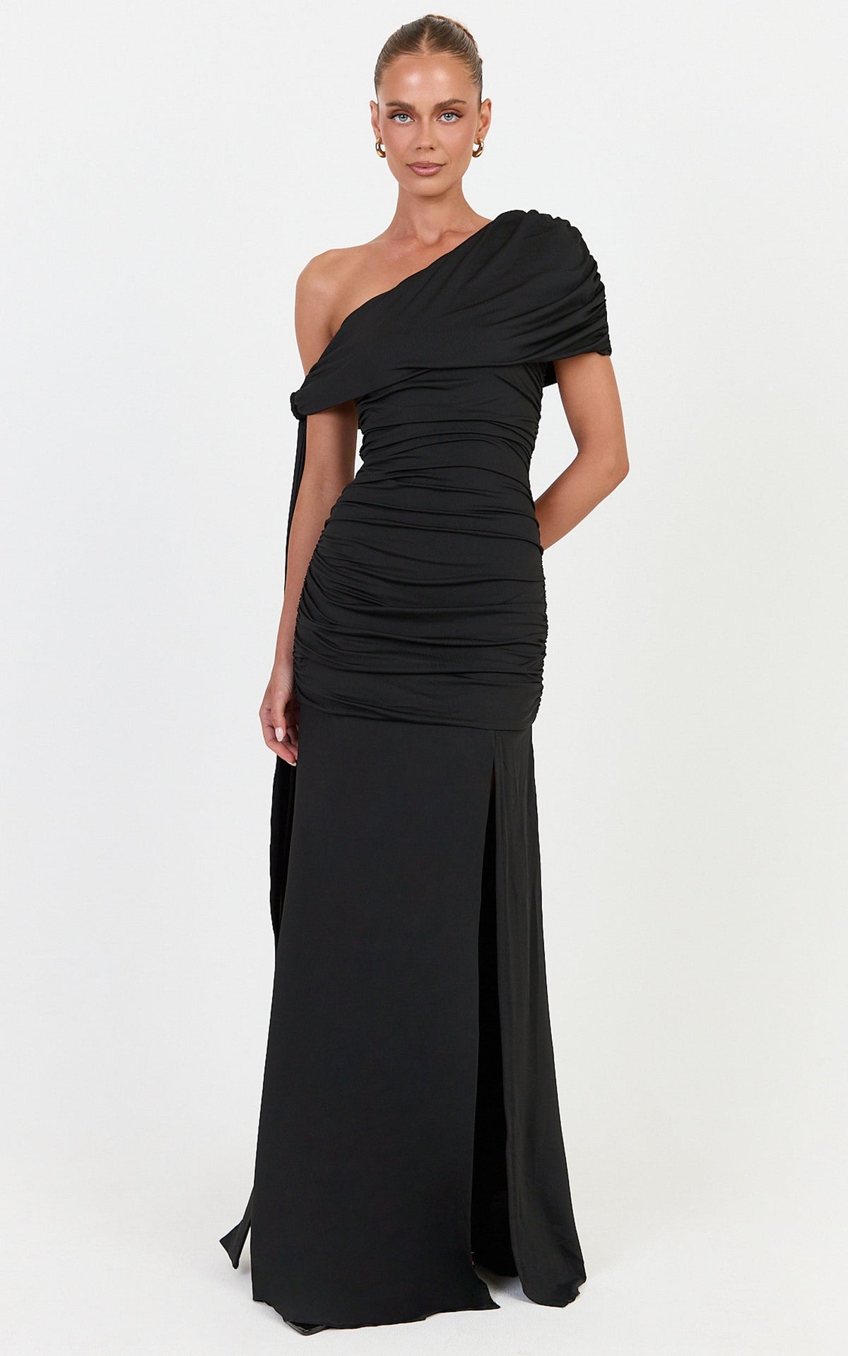 Bree Maxi Dress - Cape Tie Off Shoulder Fit And Flare Dress in Black