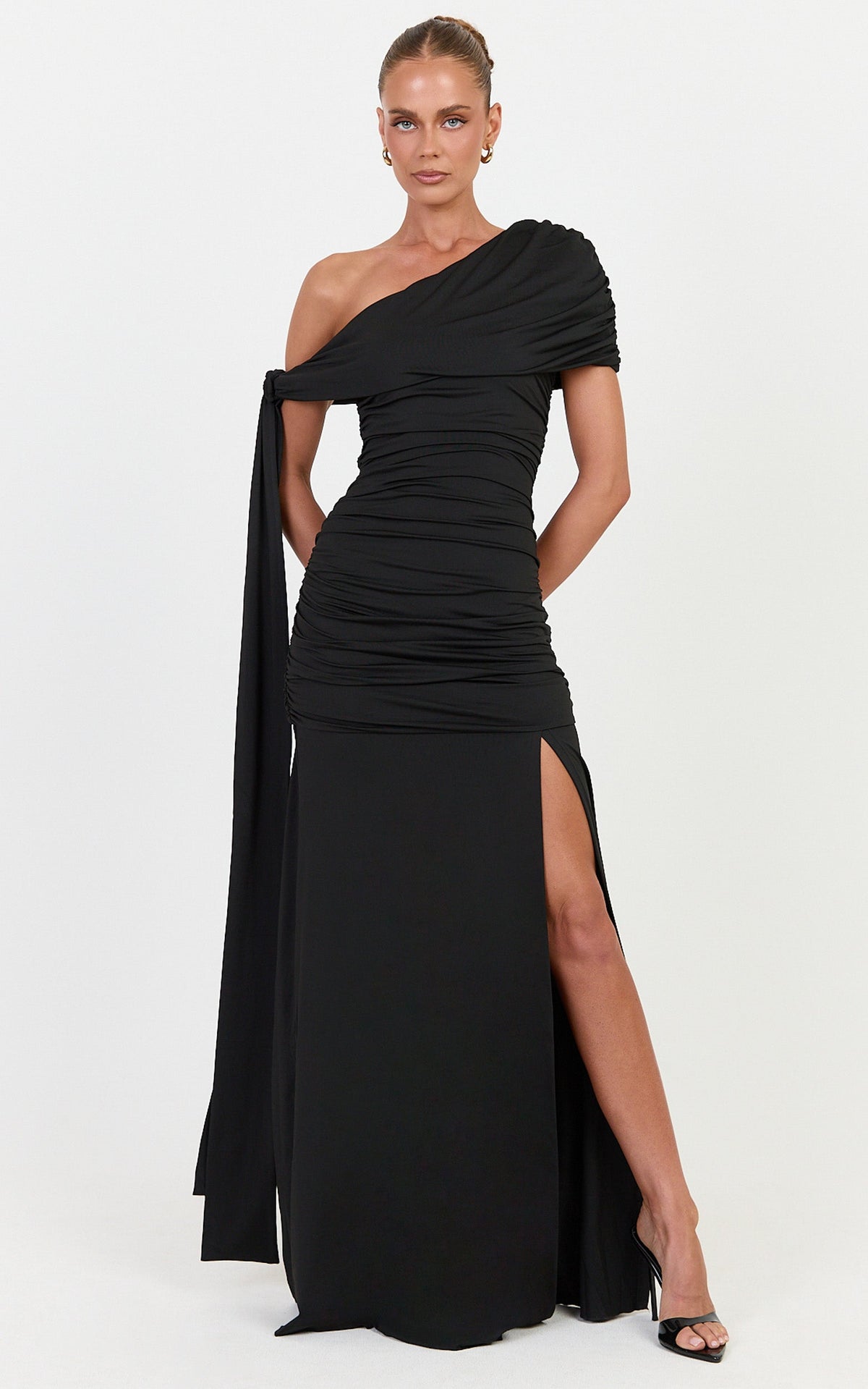 Bree Maxi Dress - Cape Tie Off Shoulder Fit And Flare Dress in Black