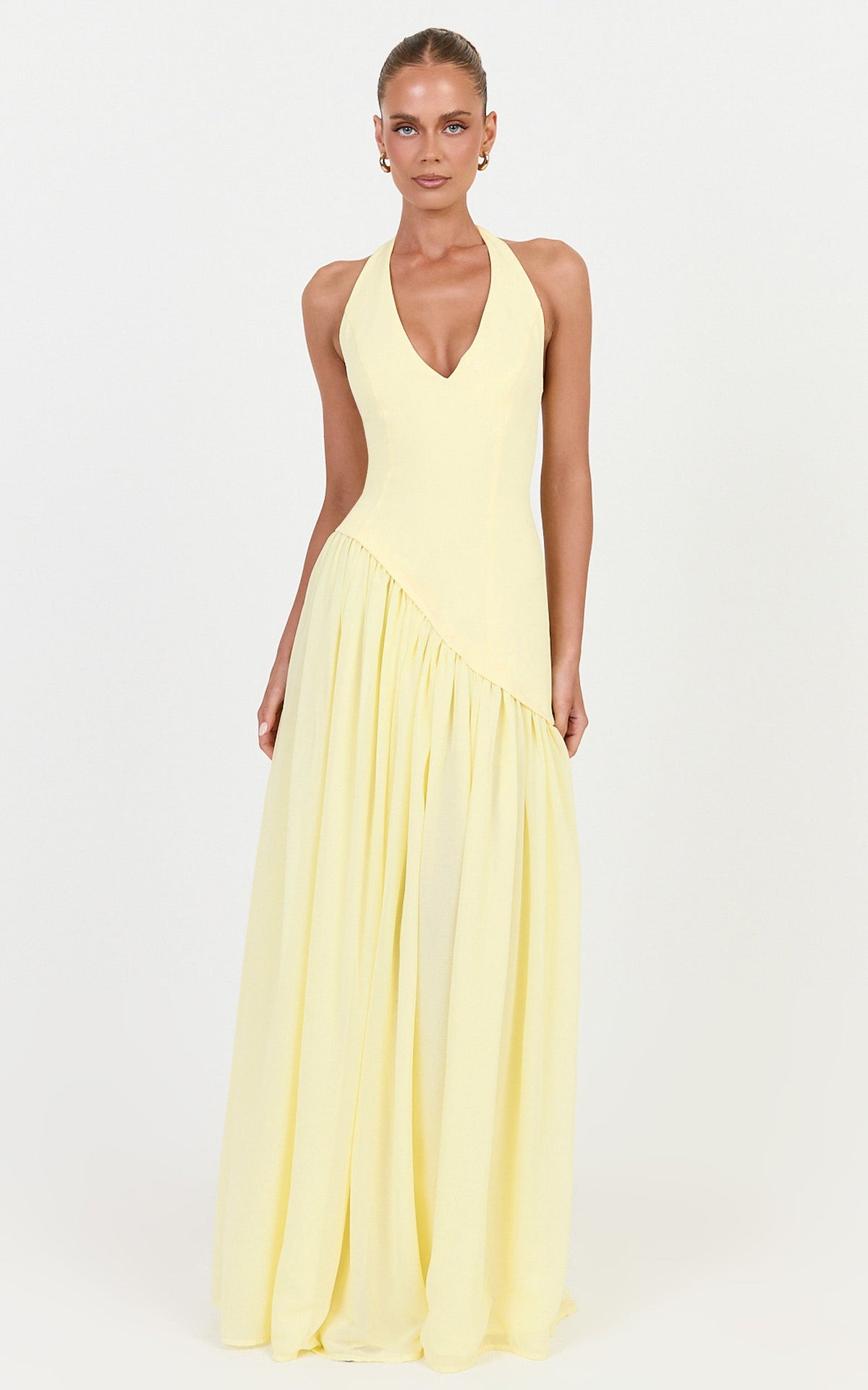 Calla Maxi Dress - Halter Neck Asymmetric Dropped Waist Dress in Lemon