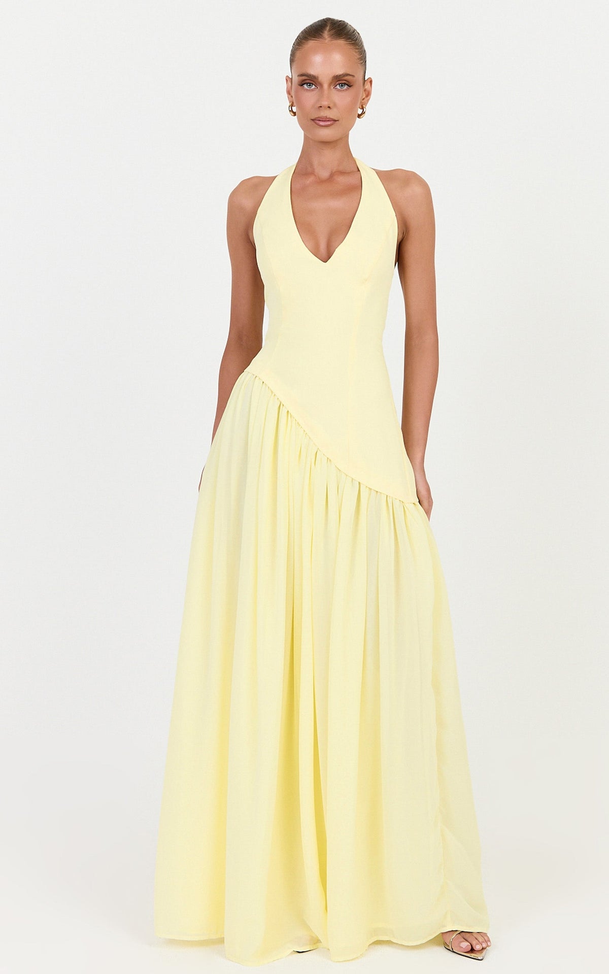 Calla Maxi Dress - Halter Neck Asymmetric Dropped Waist Dress in Lemon