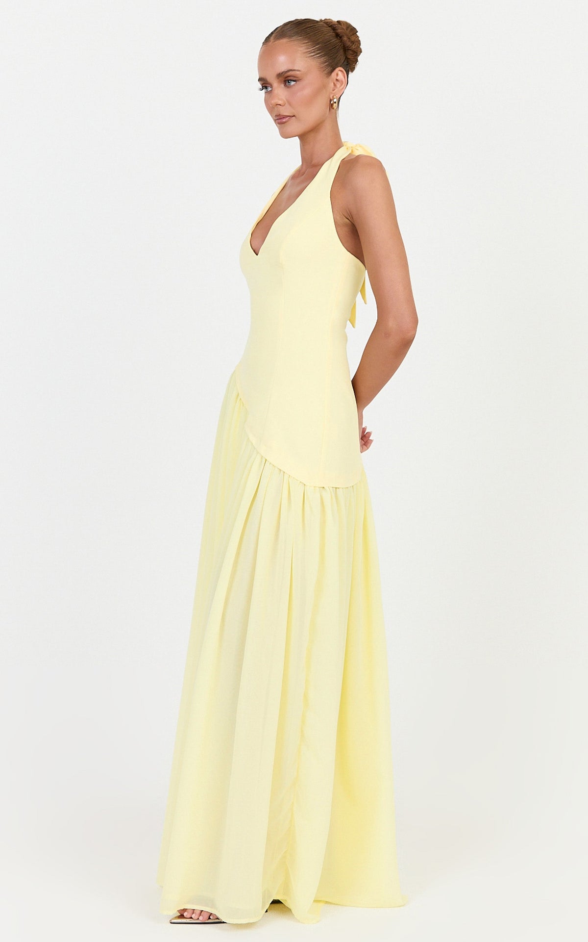 Calla Maxi Dress - Halter Neck Asymmetric Dropped Waist Dress in Lemon