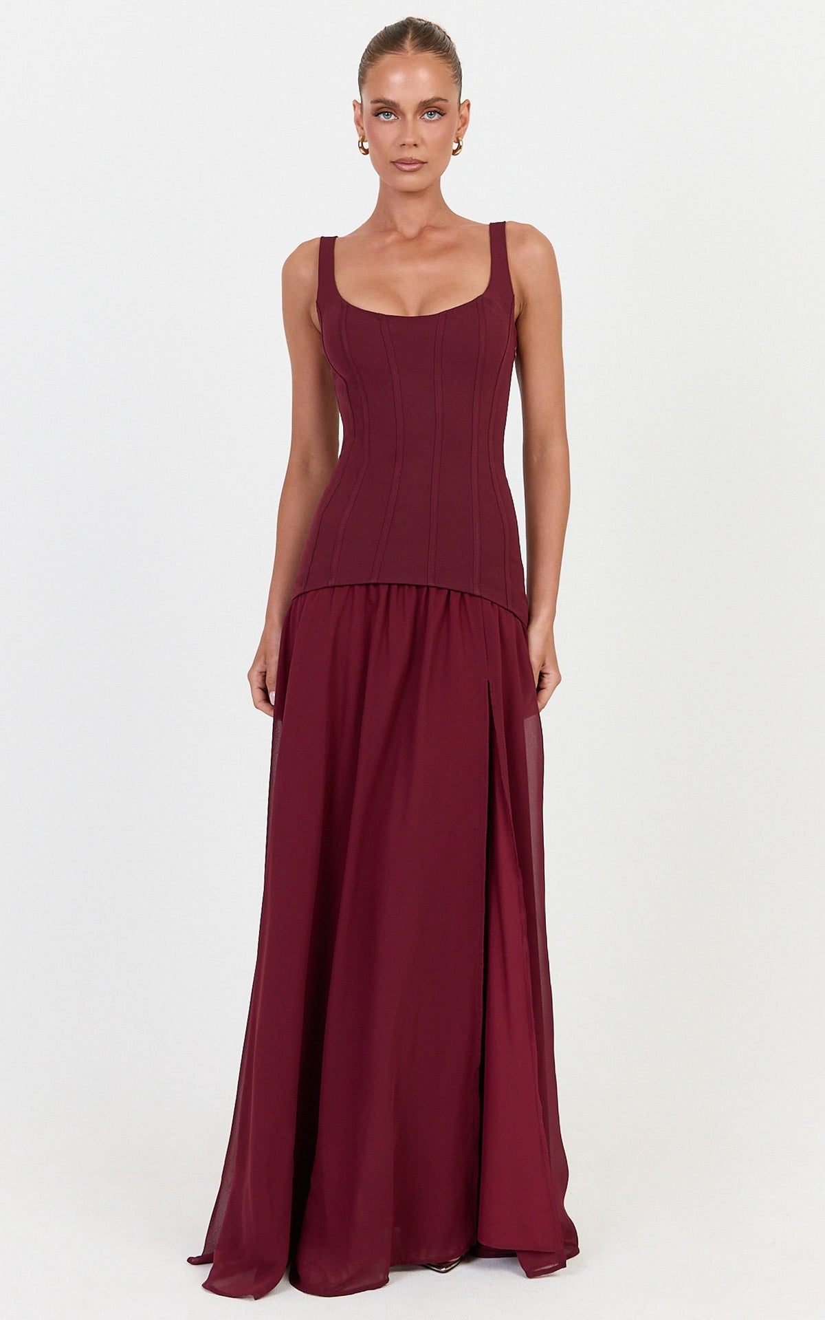 Coco Maxi Dress - Corset Bodice Fit And Flare Dress in Plum