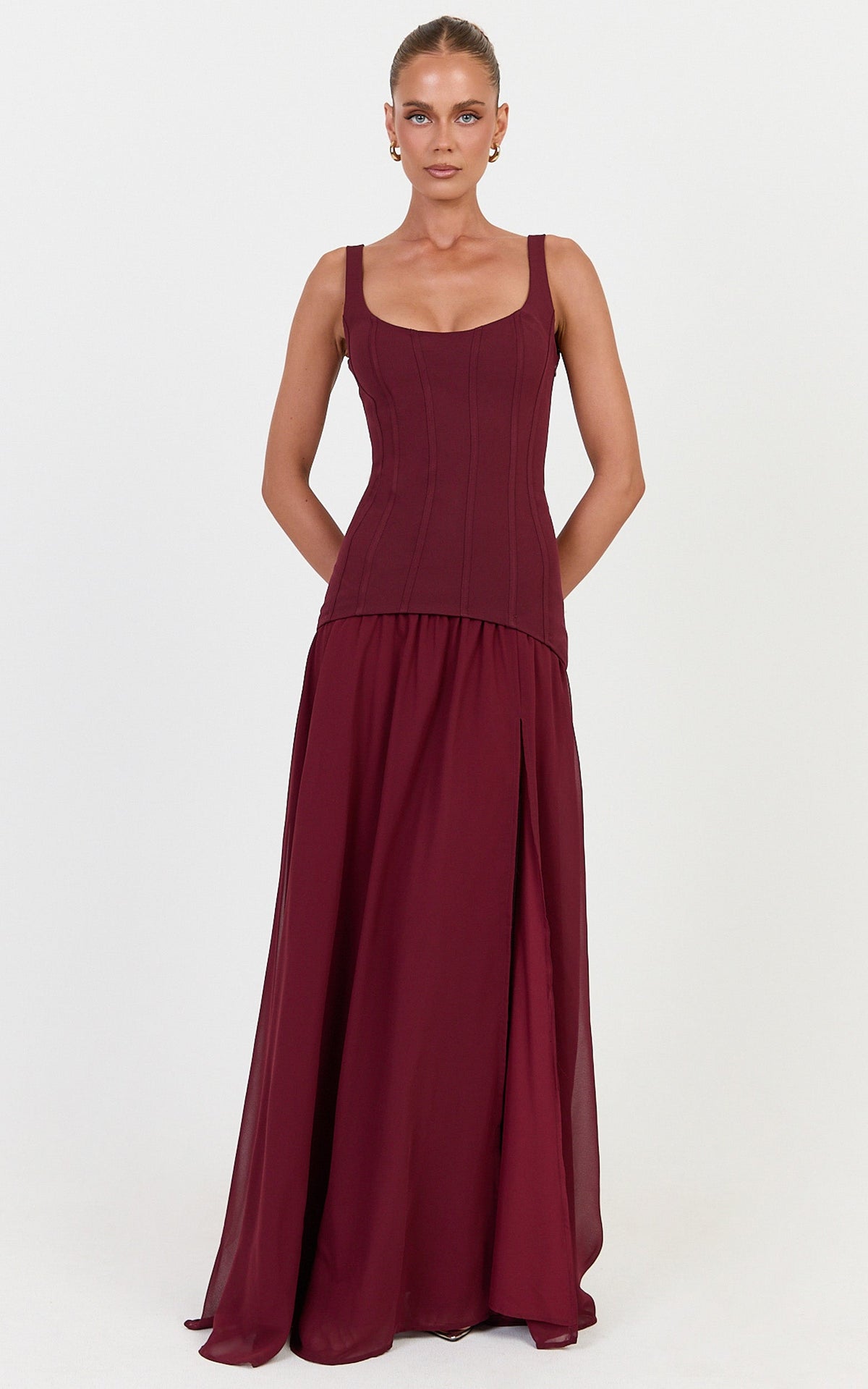 Coco Maxi Dress - Corset Bodice Fit And Flare Dress in Plum