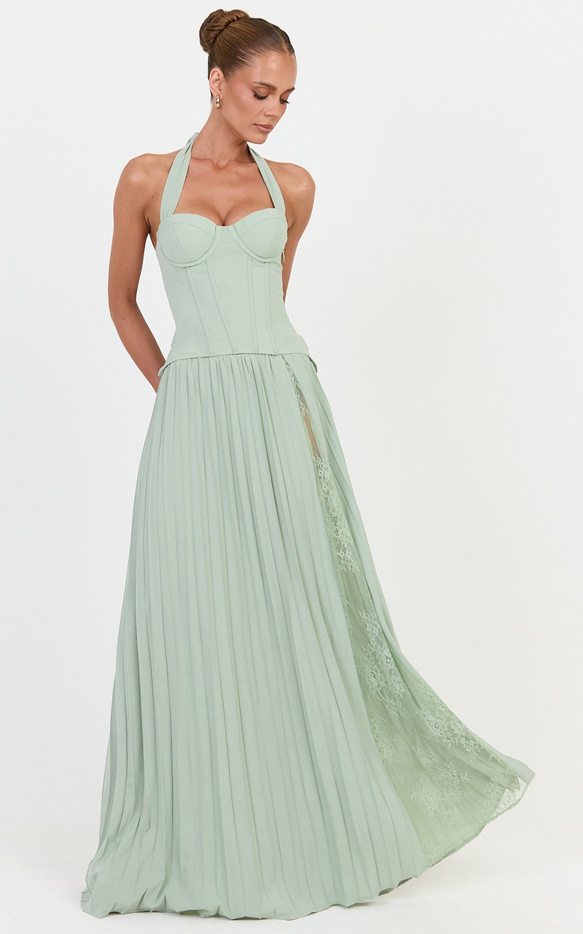 Dani Two Piece Top and Skirt Set - Corset Halter Top And Pleated Skirt Set in Green