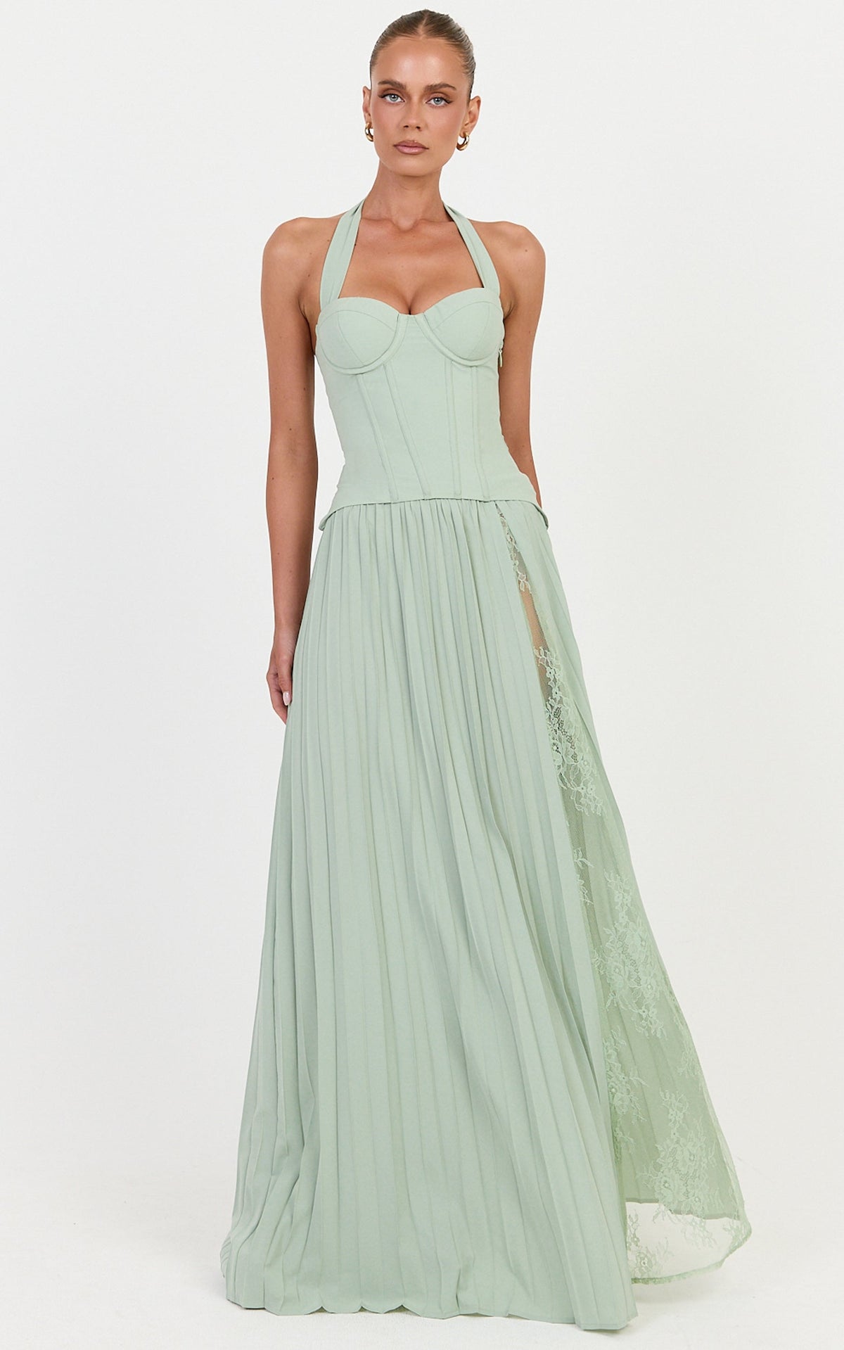 Dani Two Piece Top and Skirt Set - Corset Halter Top And Pleated Skirt Set in Green