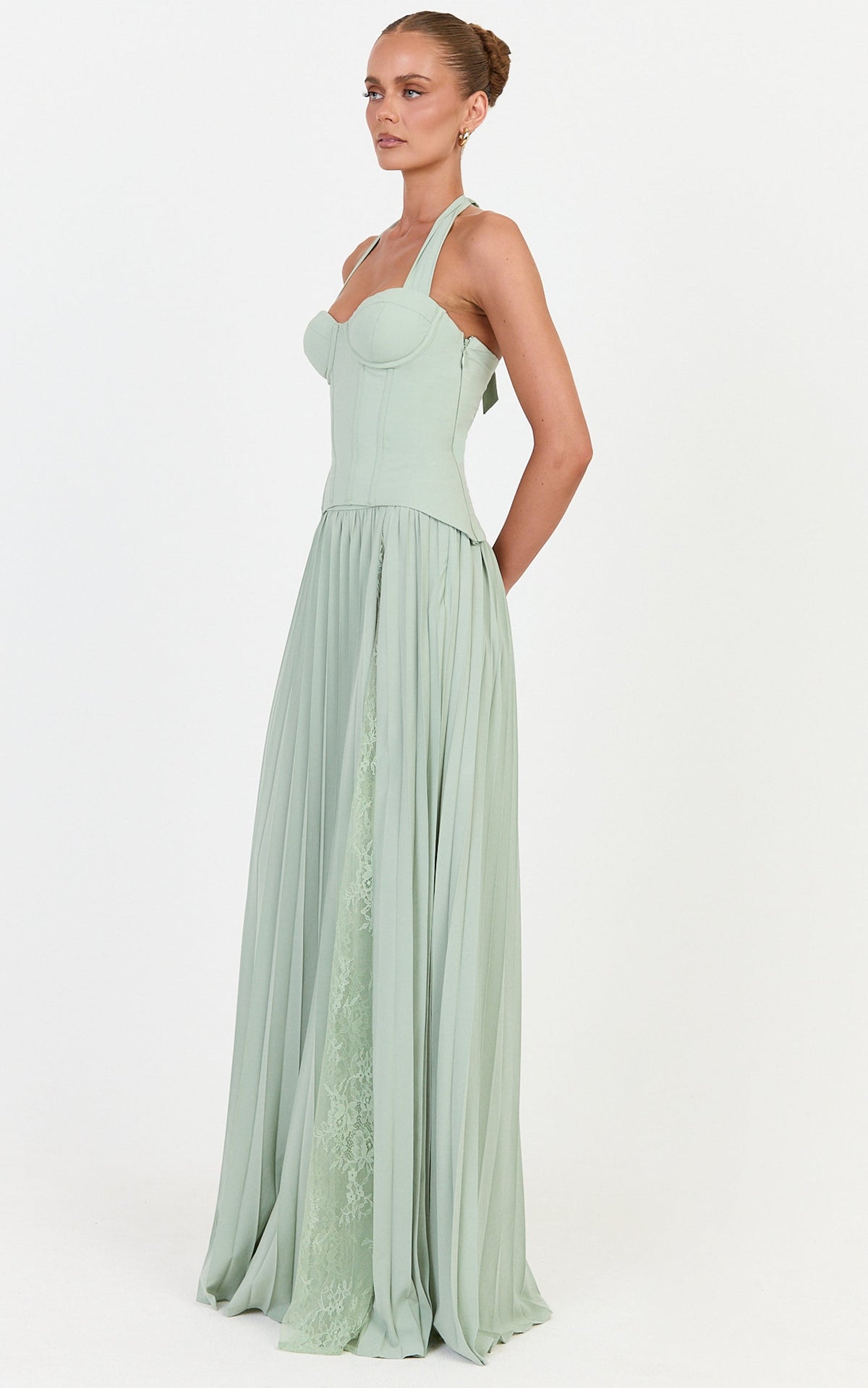 Dani Two Piece Top and Skirt Set - Corset Halter Top And Pleated Skirt Set in Green